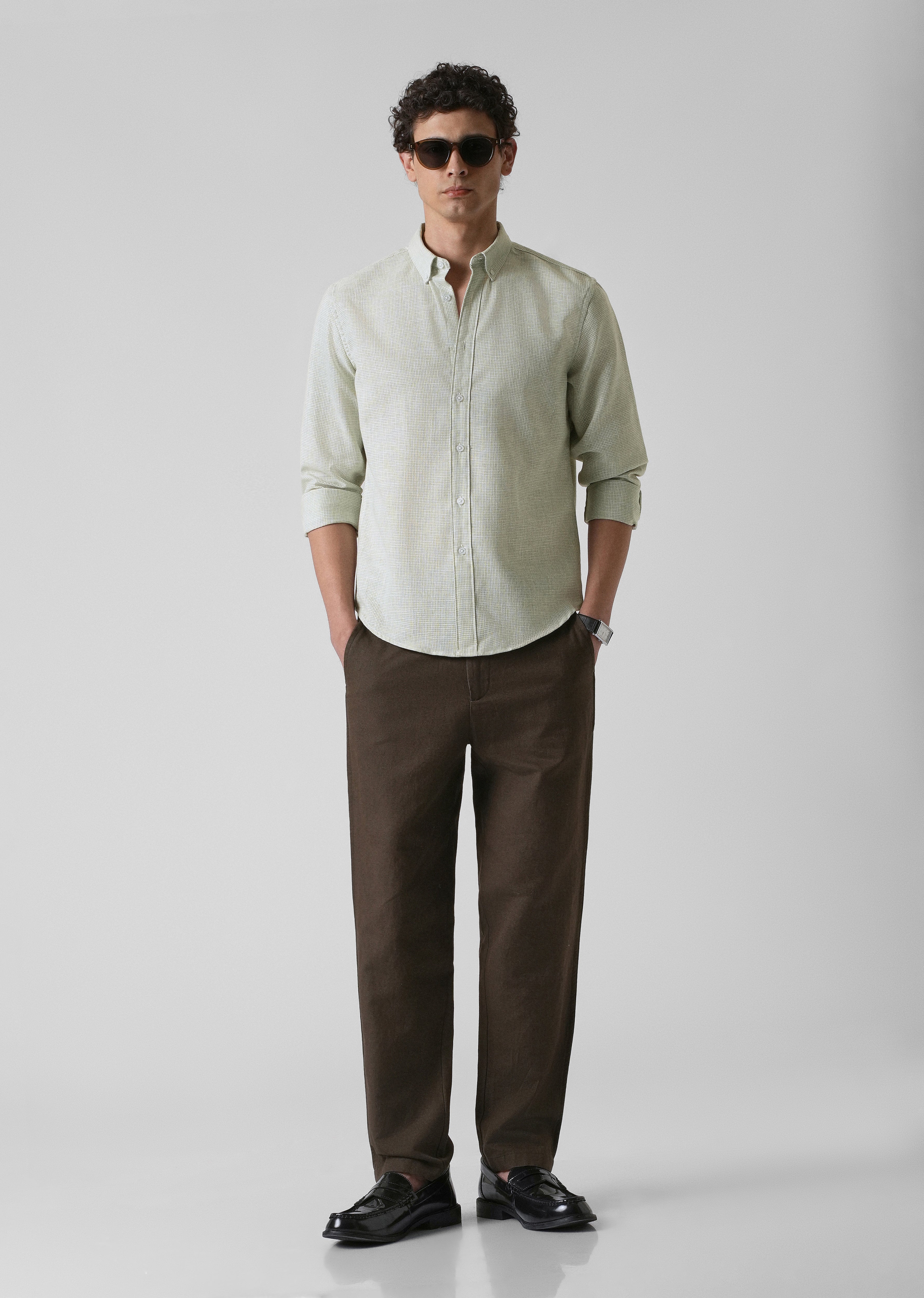 Green Micro Checks Blended Cotton Shirt