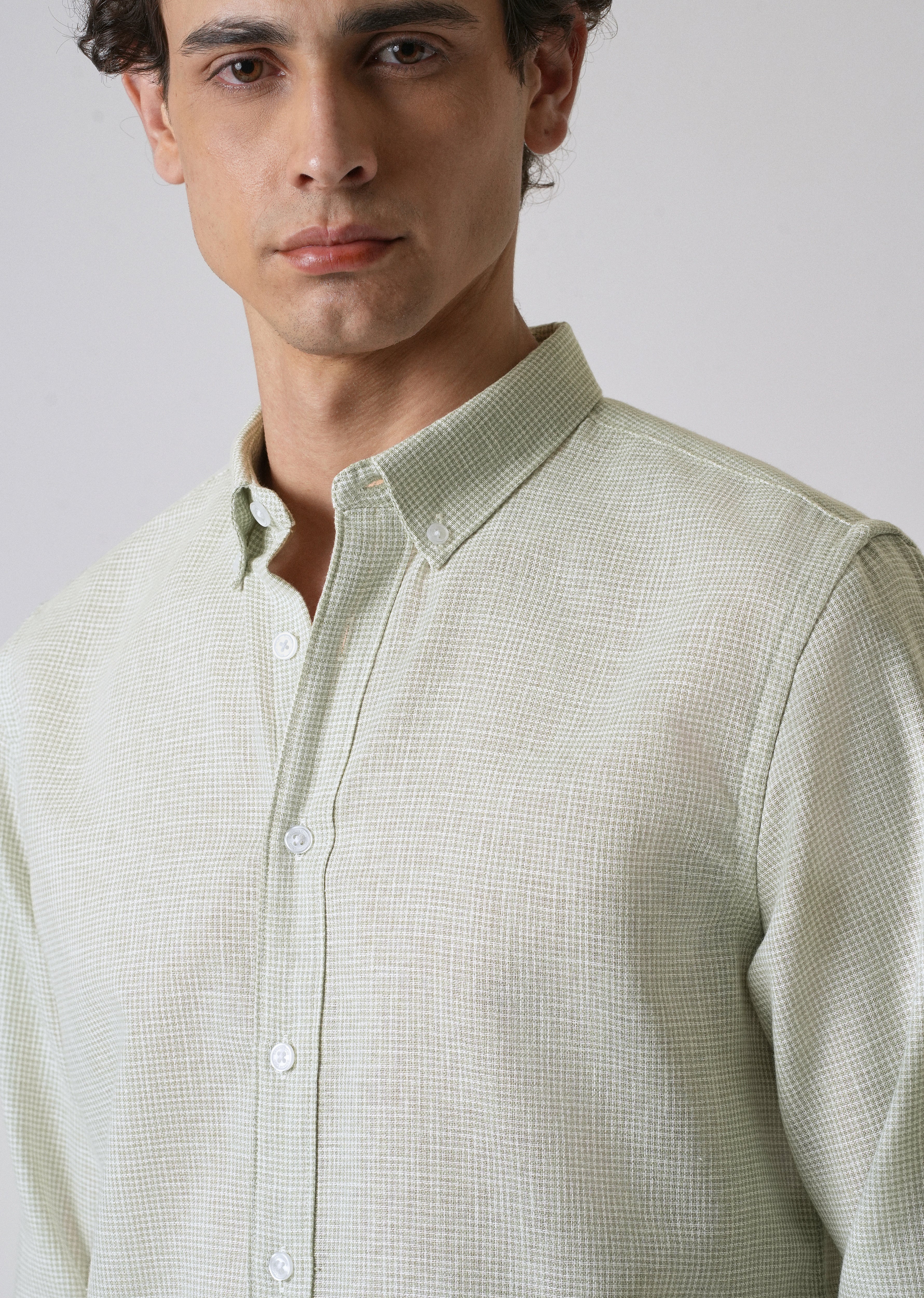 Green Micro Checks Blended Cotton Shirt