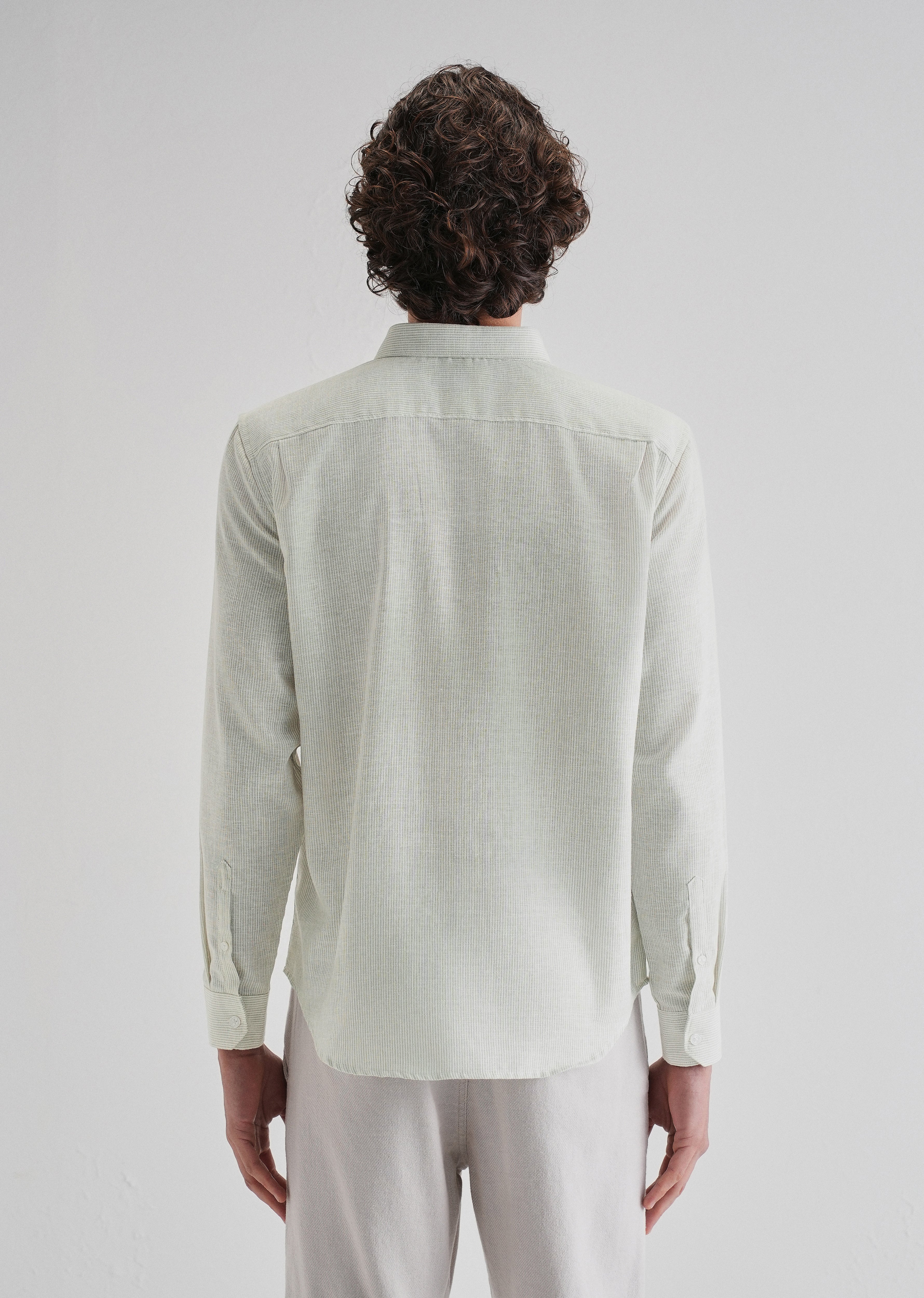 Green Micro Striped Blended Linen Shirt