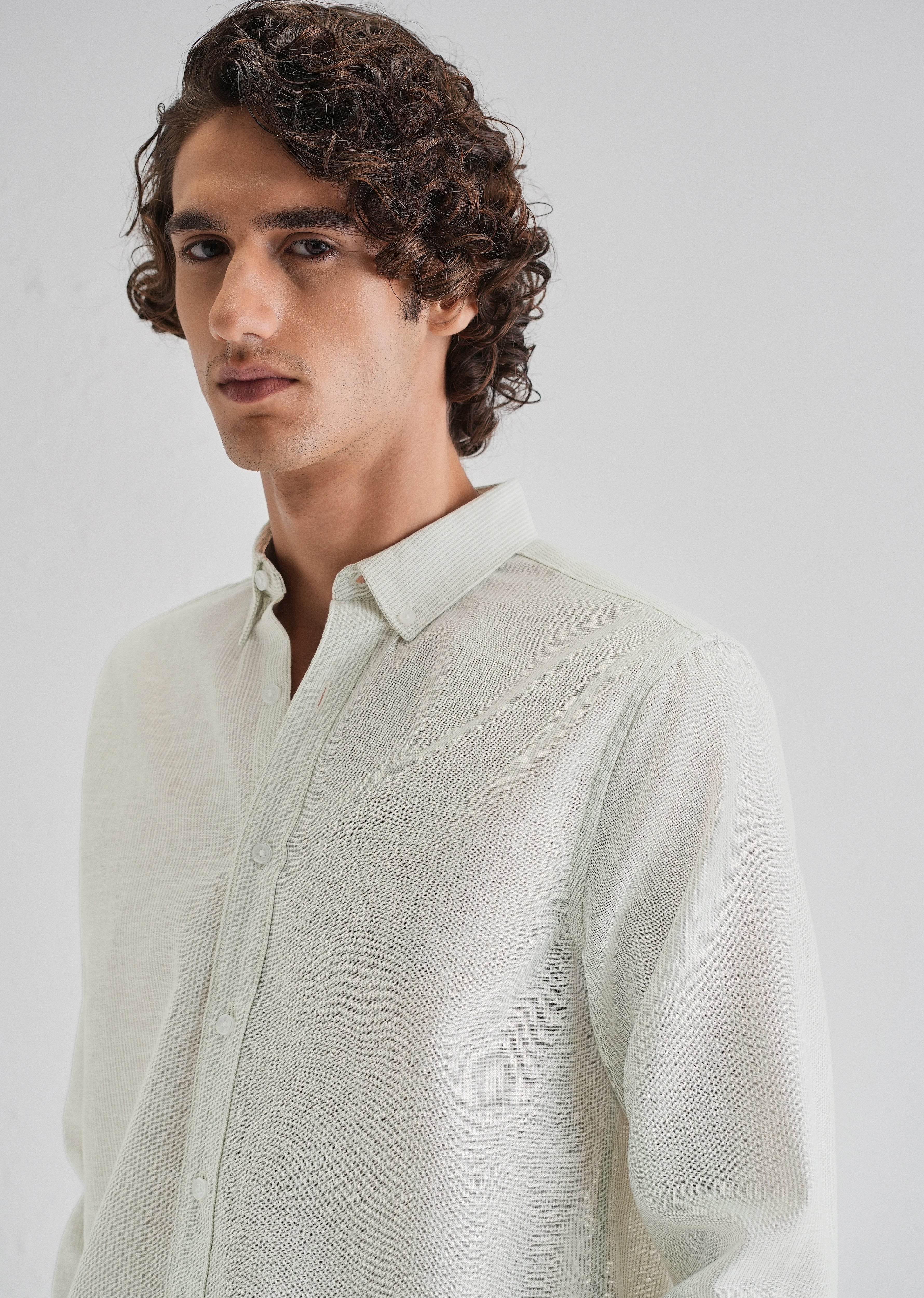 Green Micro Striped Blended Linen Shirt