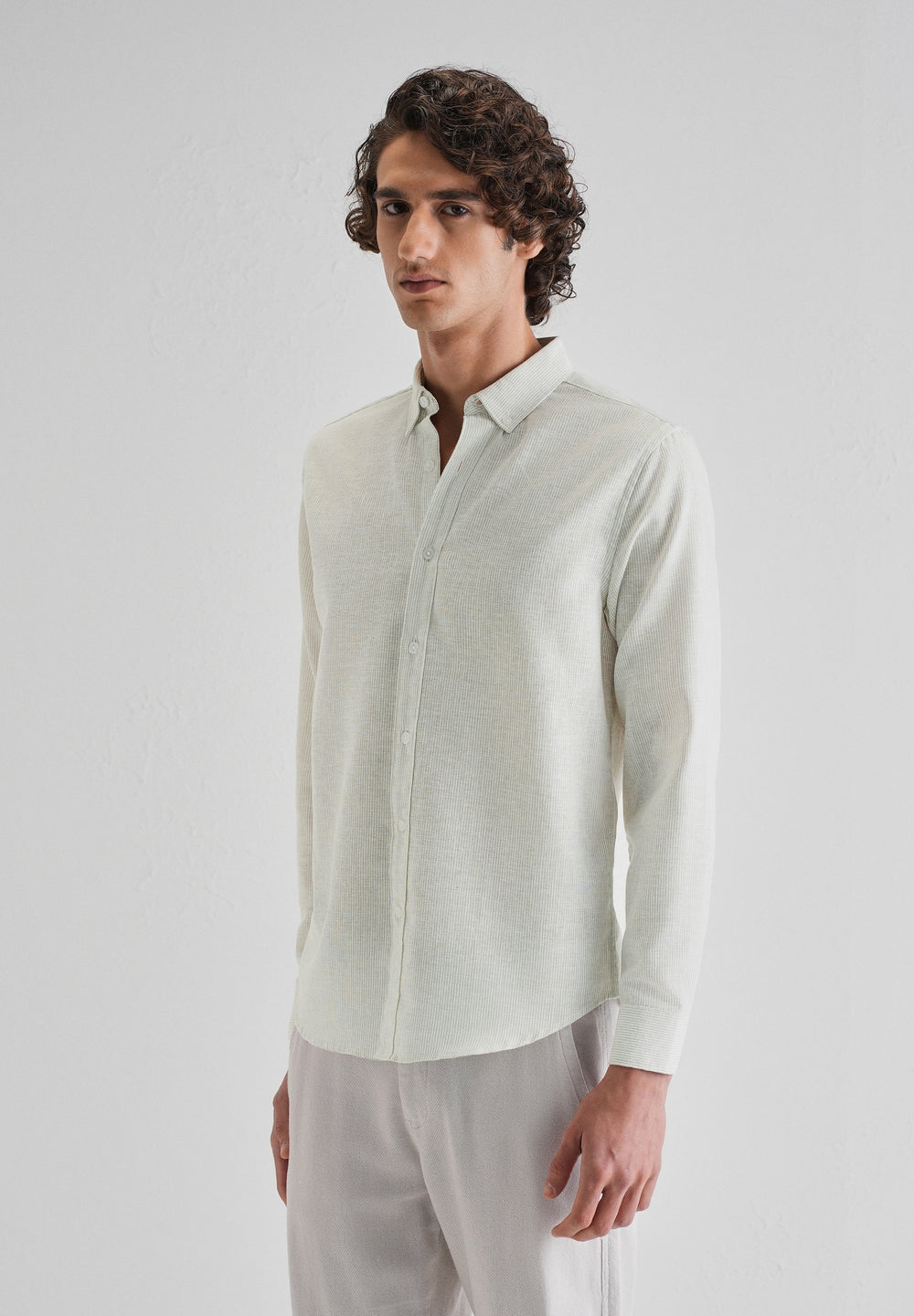Green Micro Striped Blended Linen Shirt