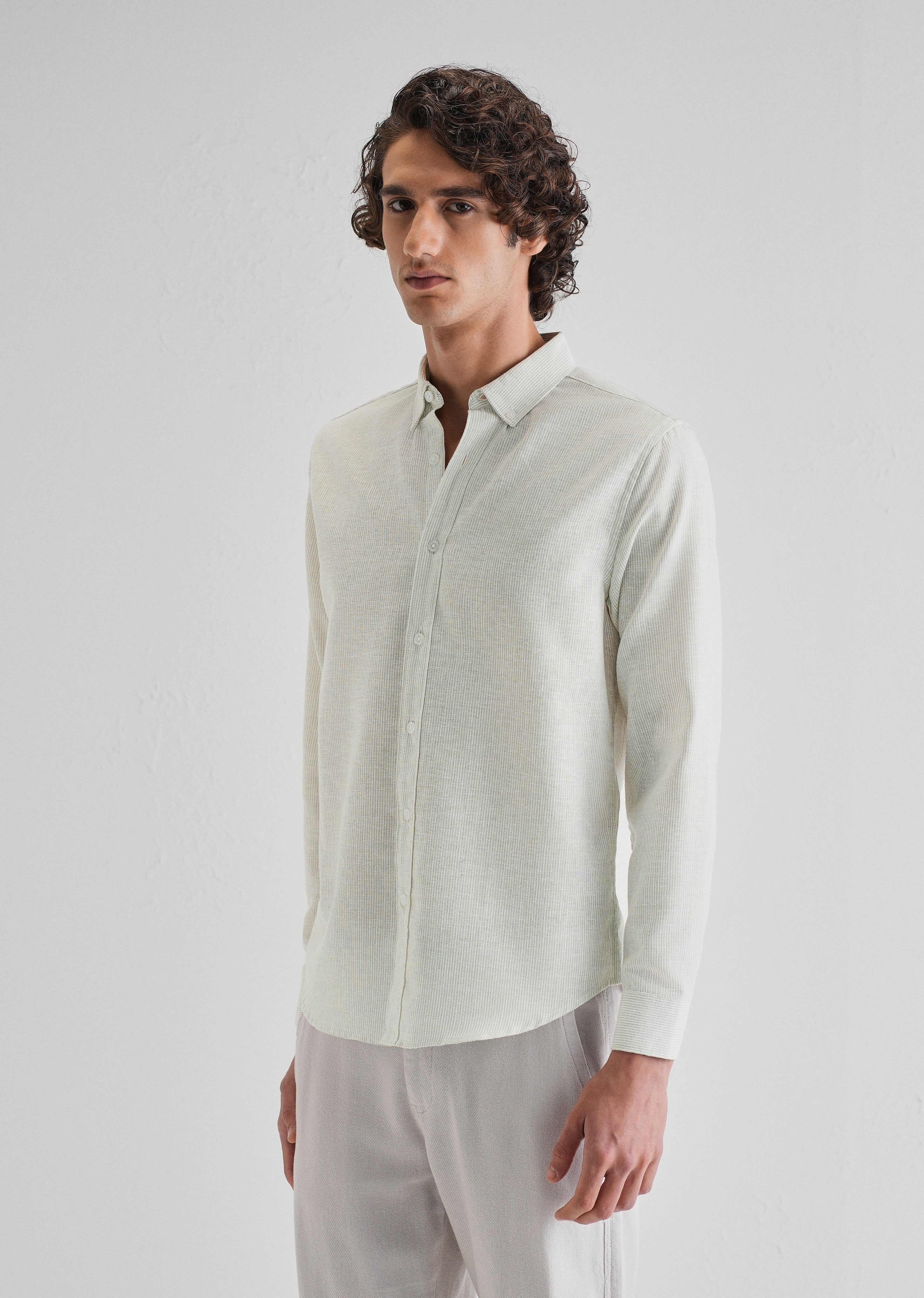 Green Micro Striped Blended Linen Shirt