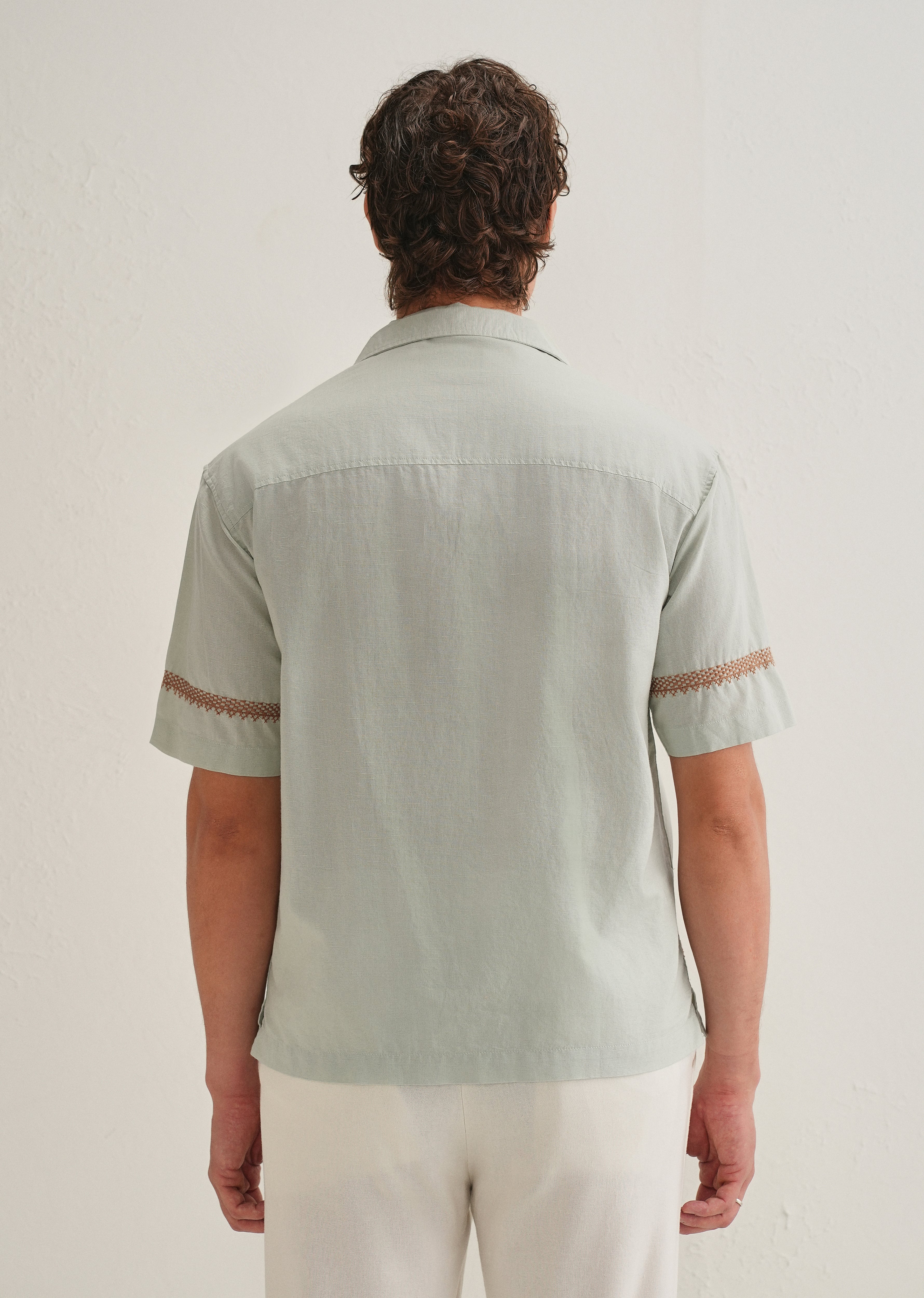 Green Palm Embroidered Cuban Collar Shirt