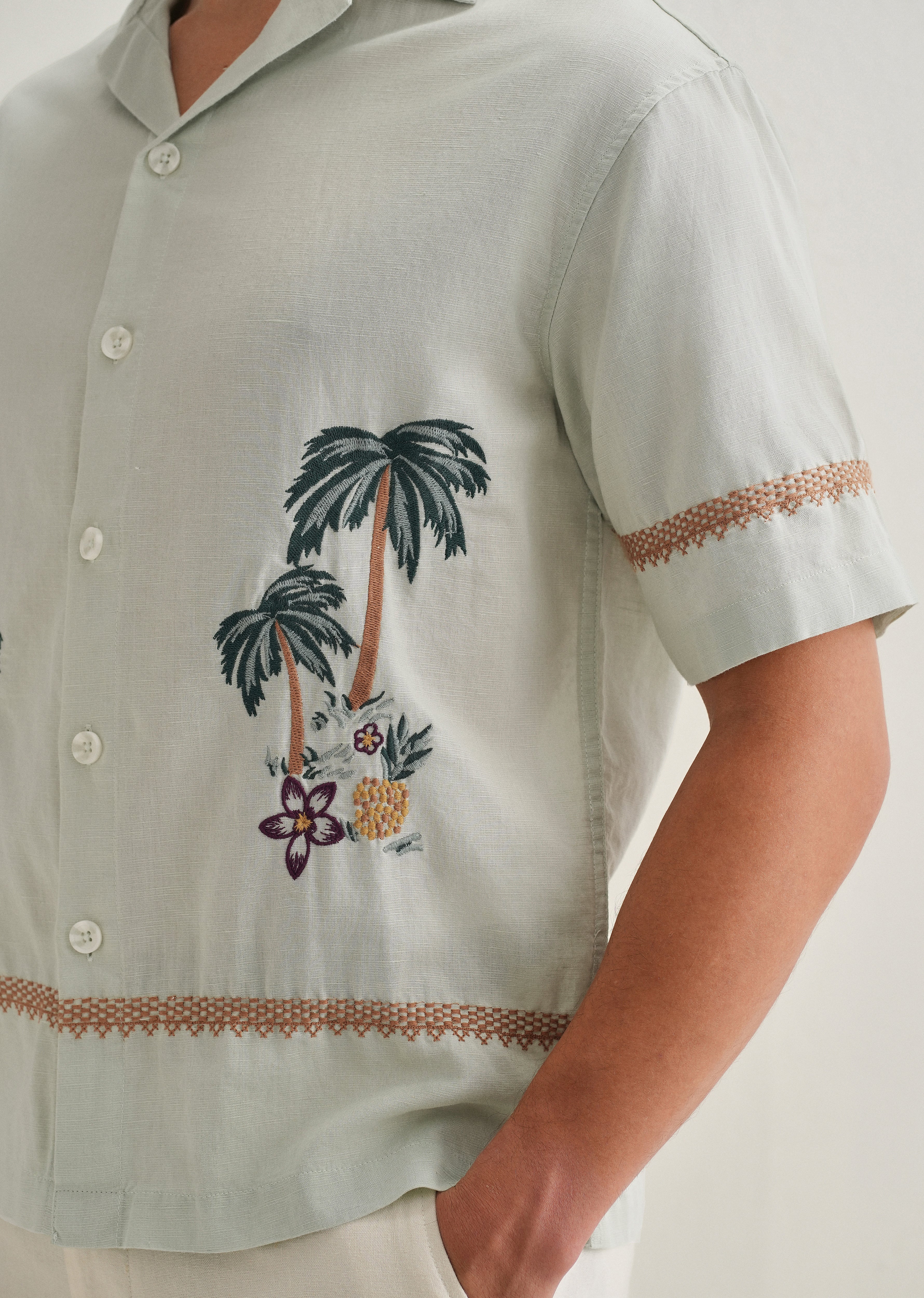 Green Palm Embroidered Cuban Collar Shirt