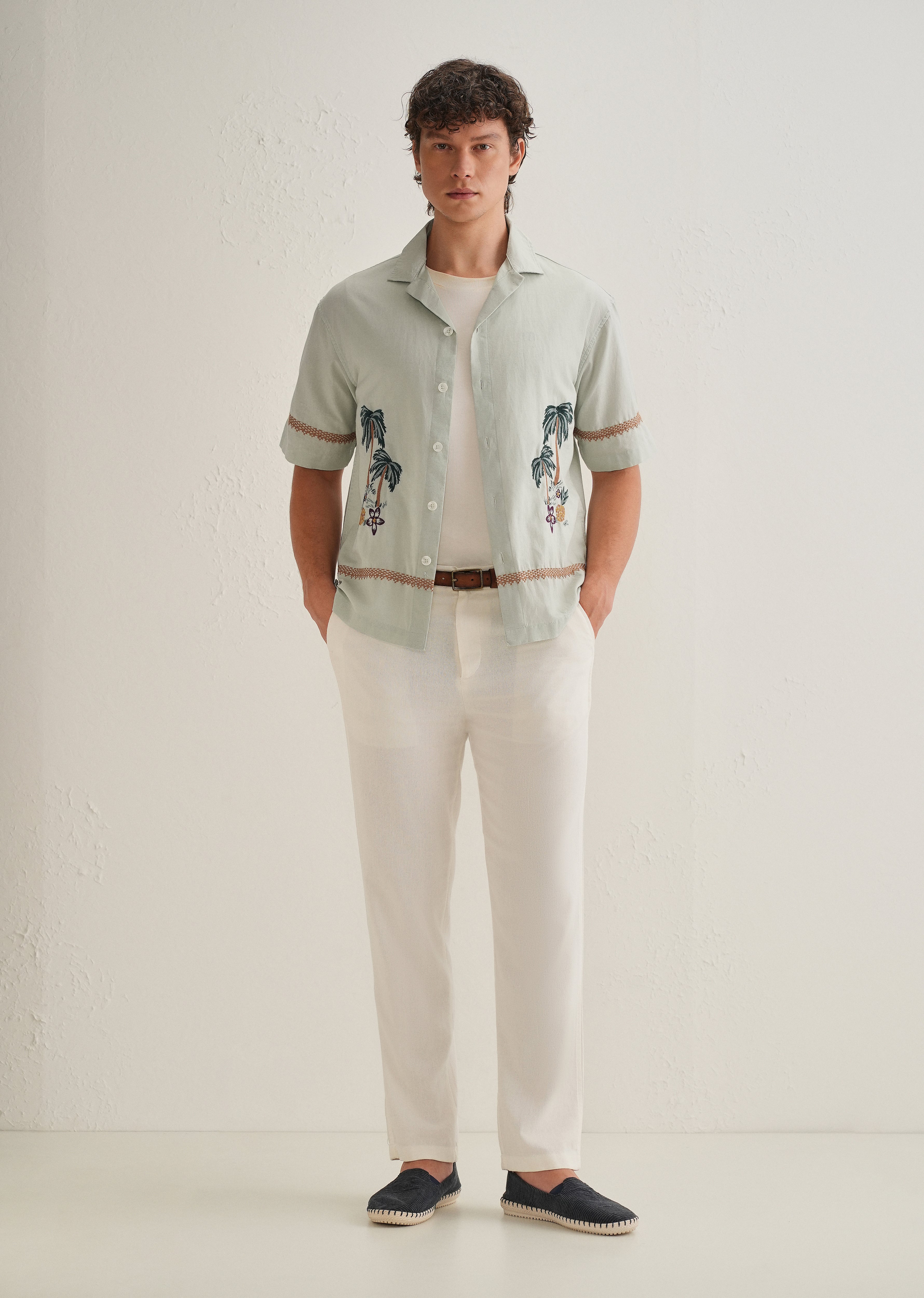 Green Palm Embroidered Cuban Collar Shirt