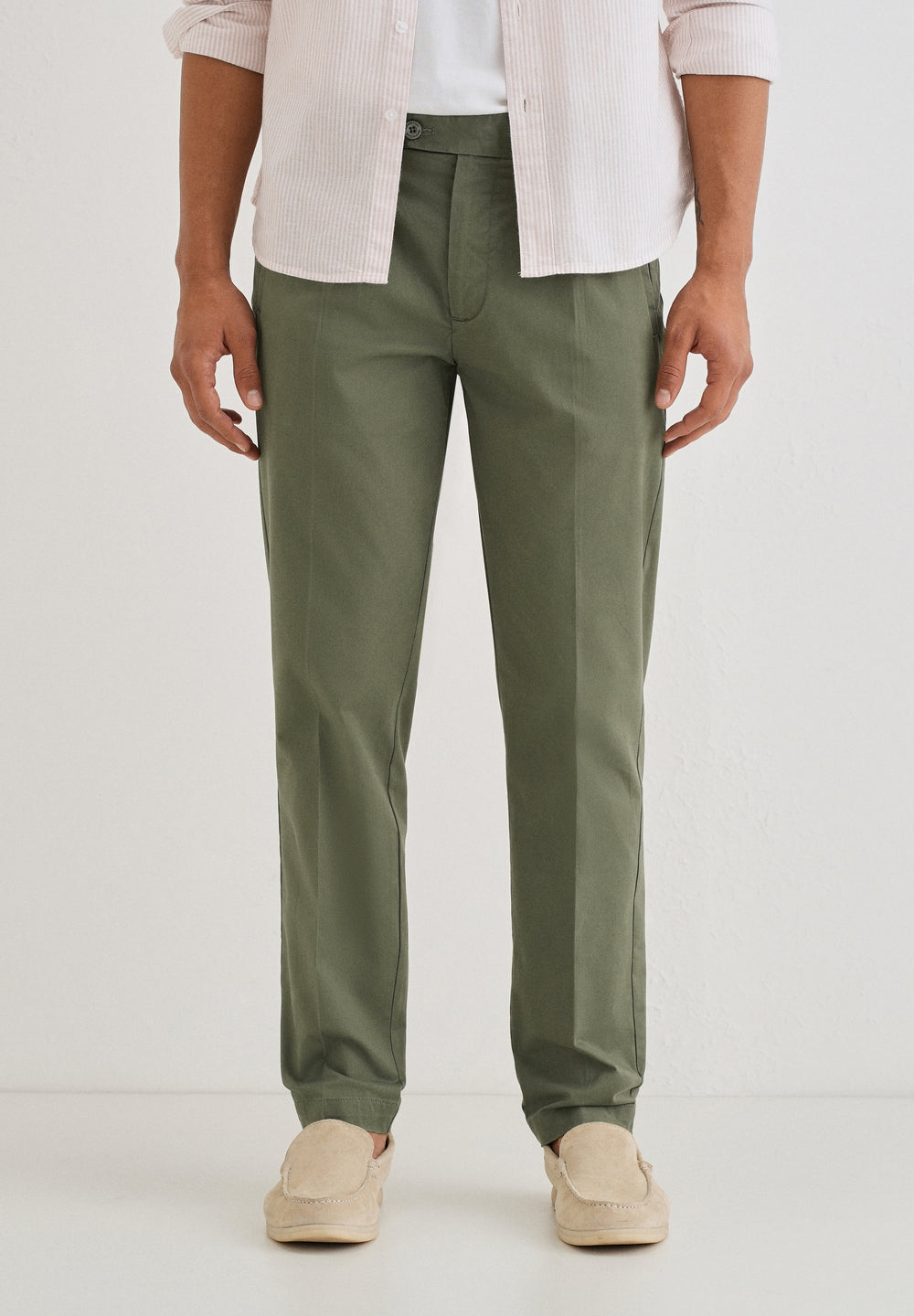 Green Plain Pleated Chinos