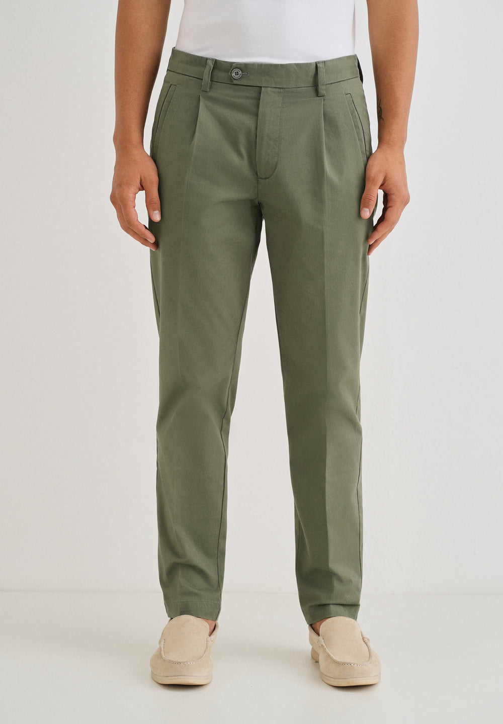 Green Plain Pleated Chinos