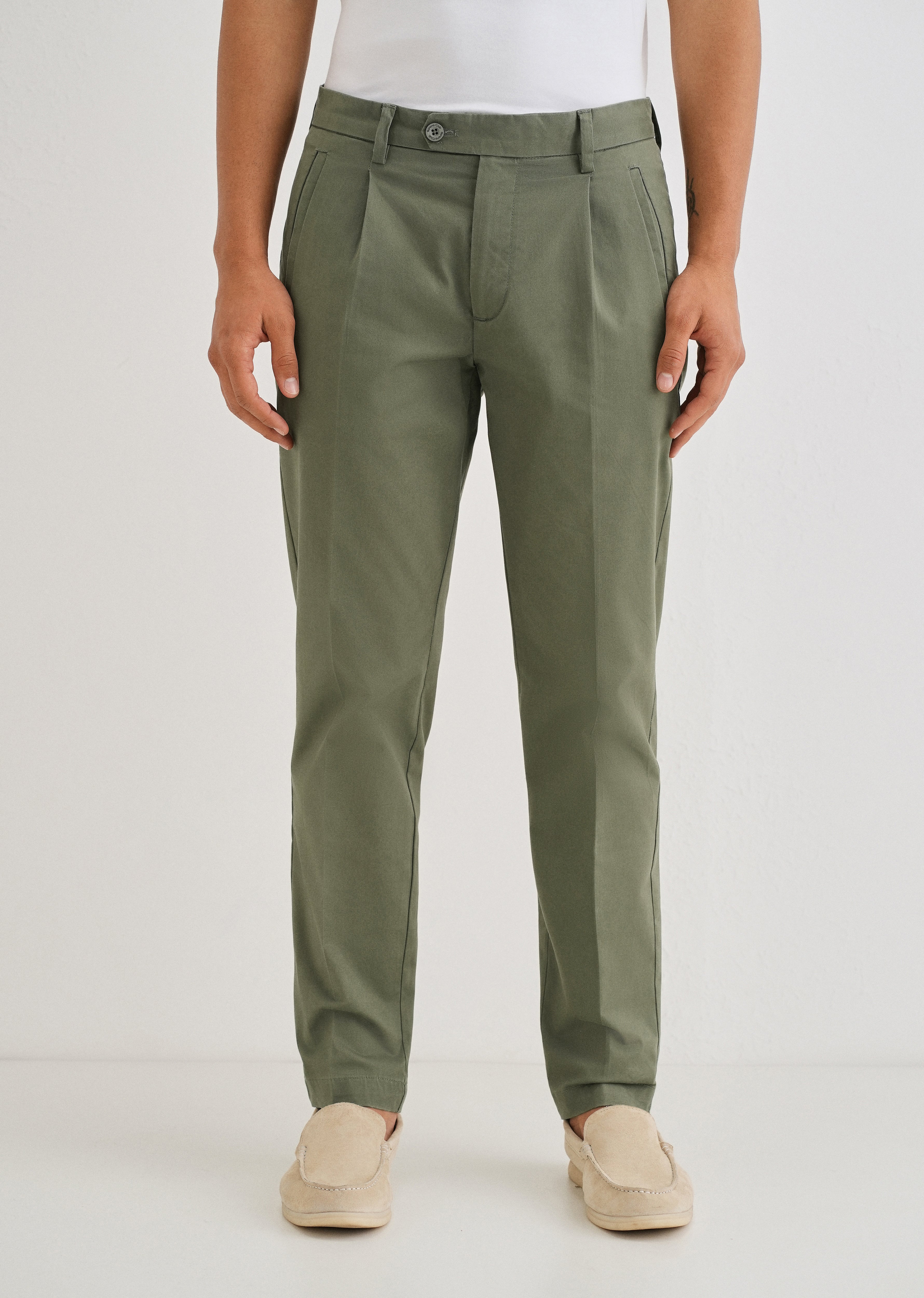 Green Plain Pleated Chinos