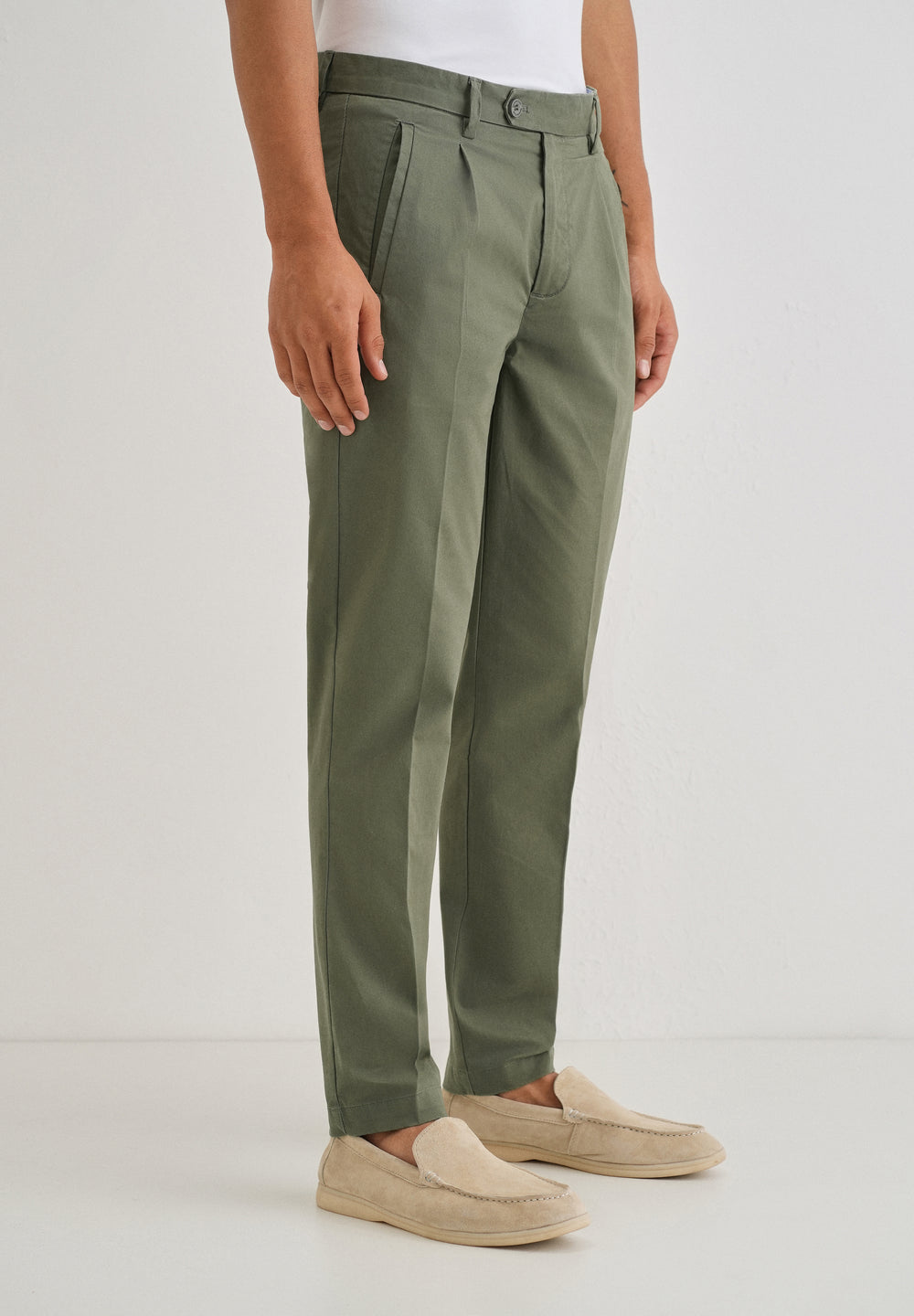 Green Plain Pleated Chinos
