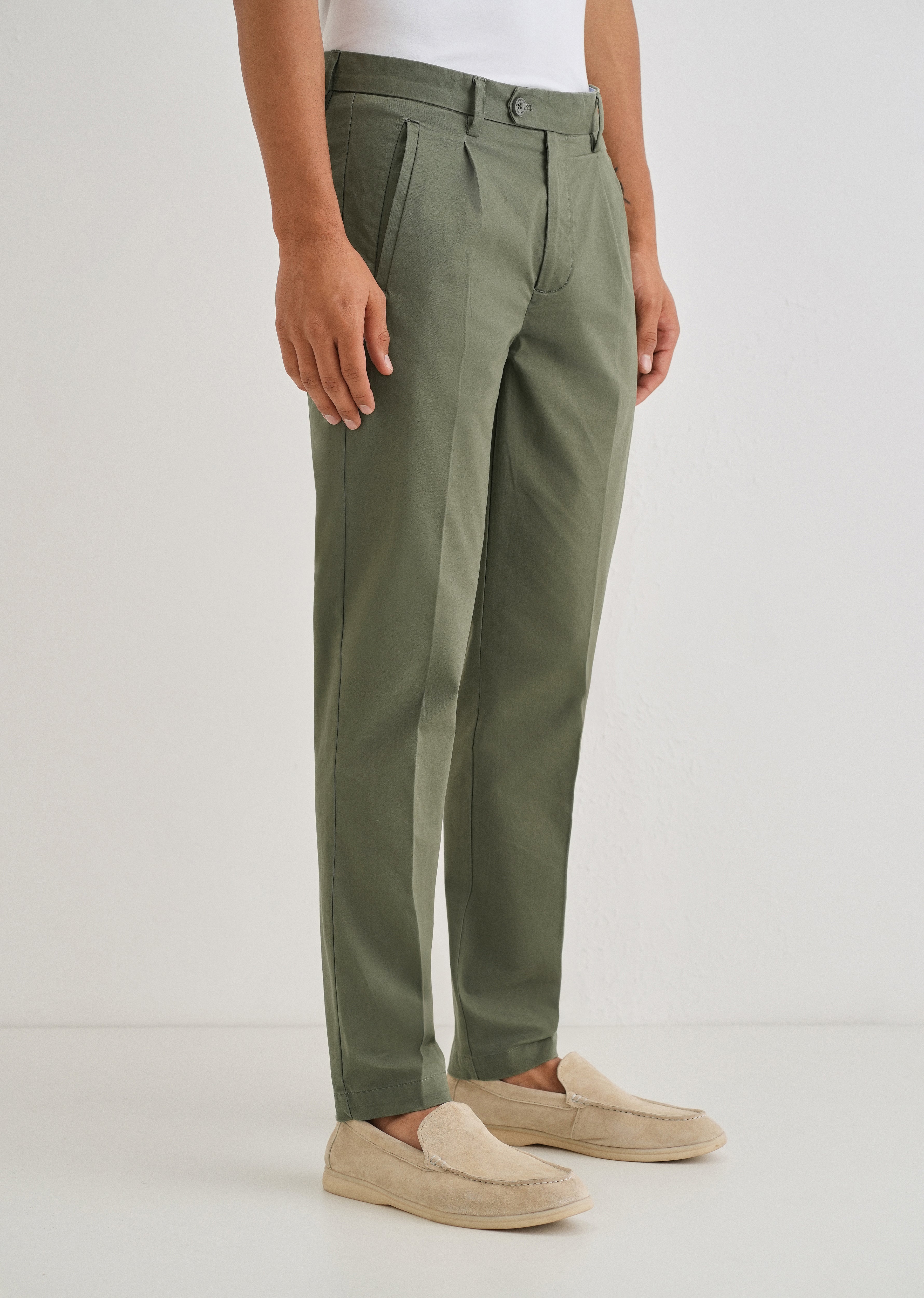 Green Plain Pleated Chinos