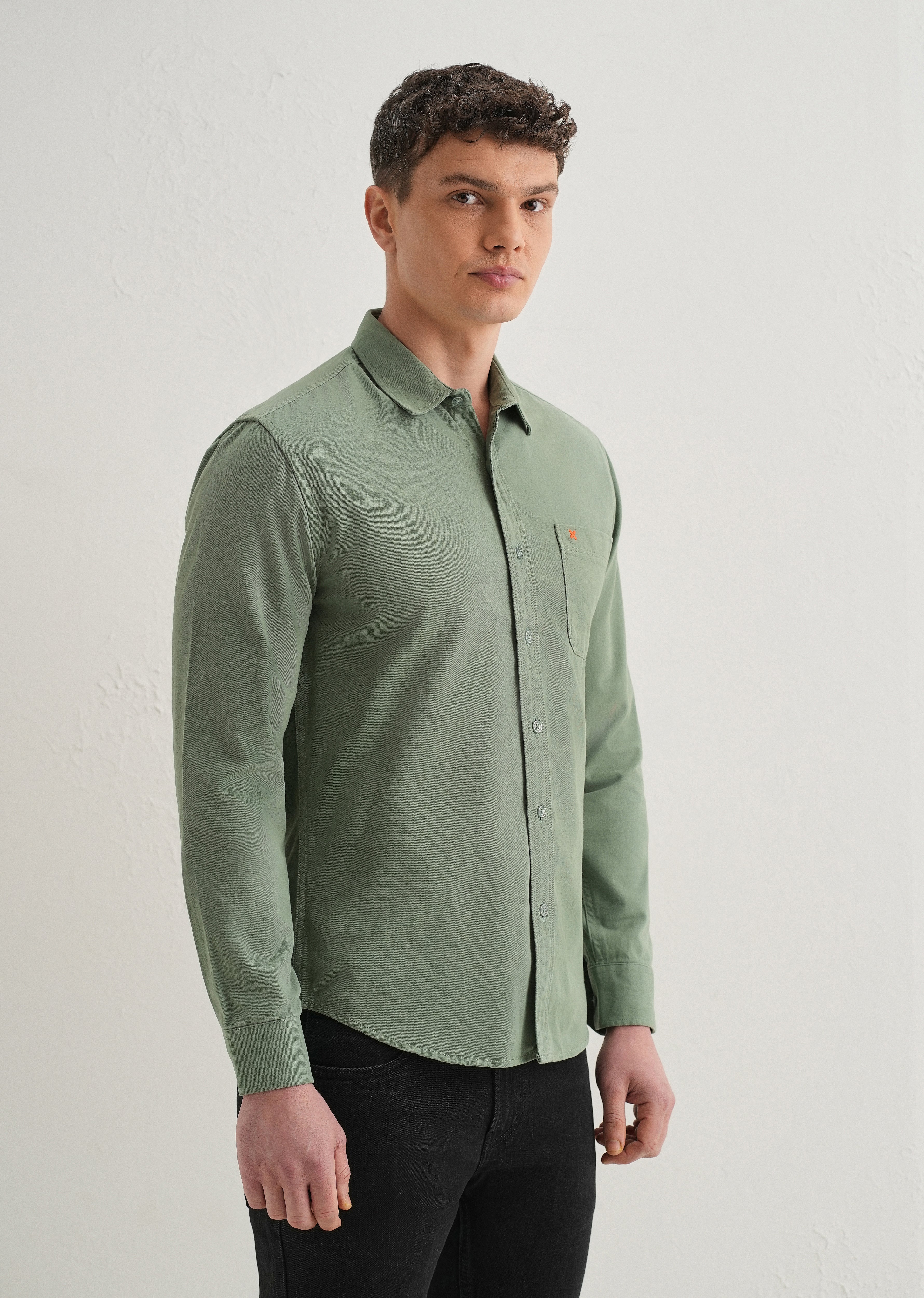 Green Plain Cotton Single Pocket Shirt