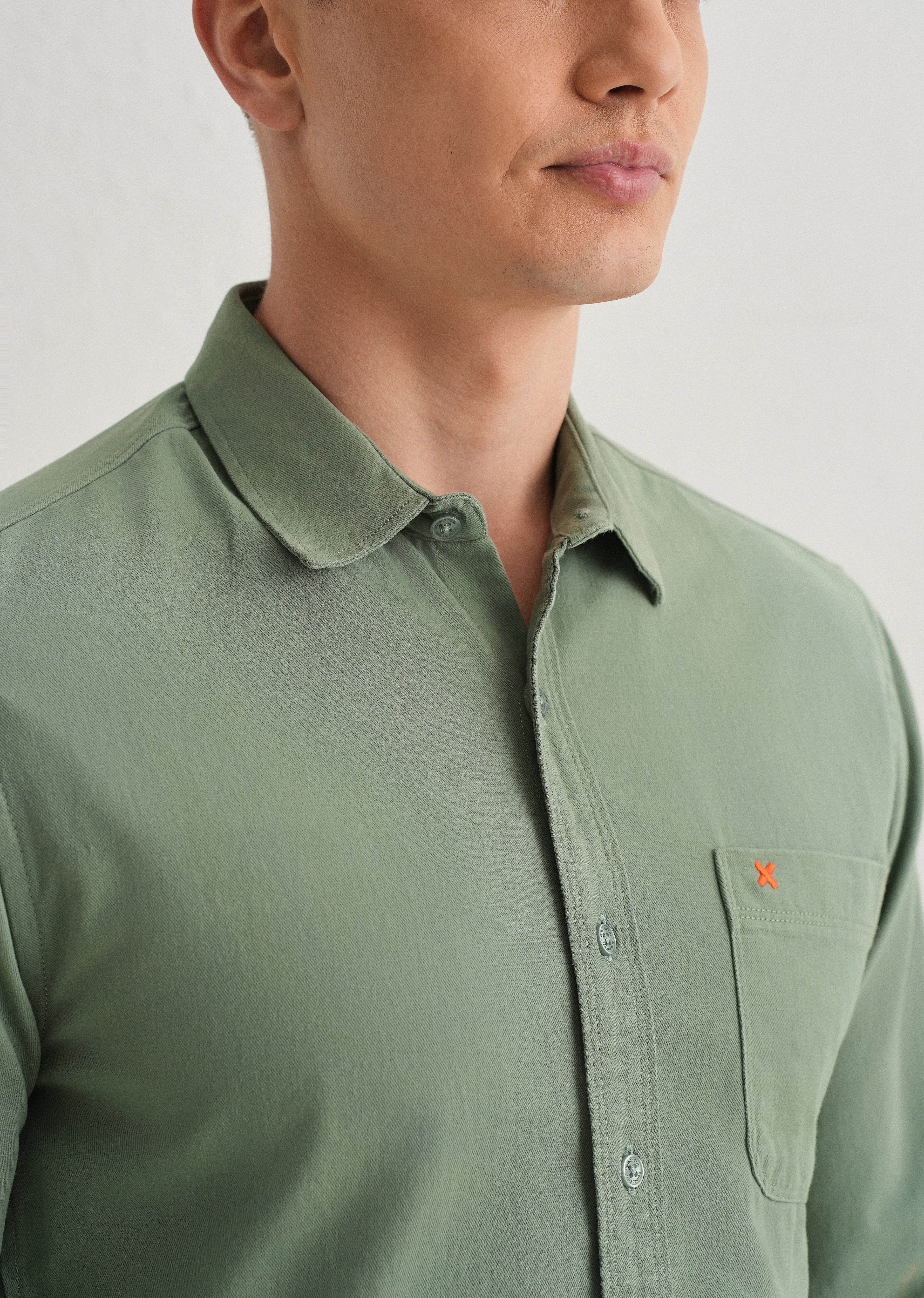 Green Plain Cotton Single Pocket Shirt