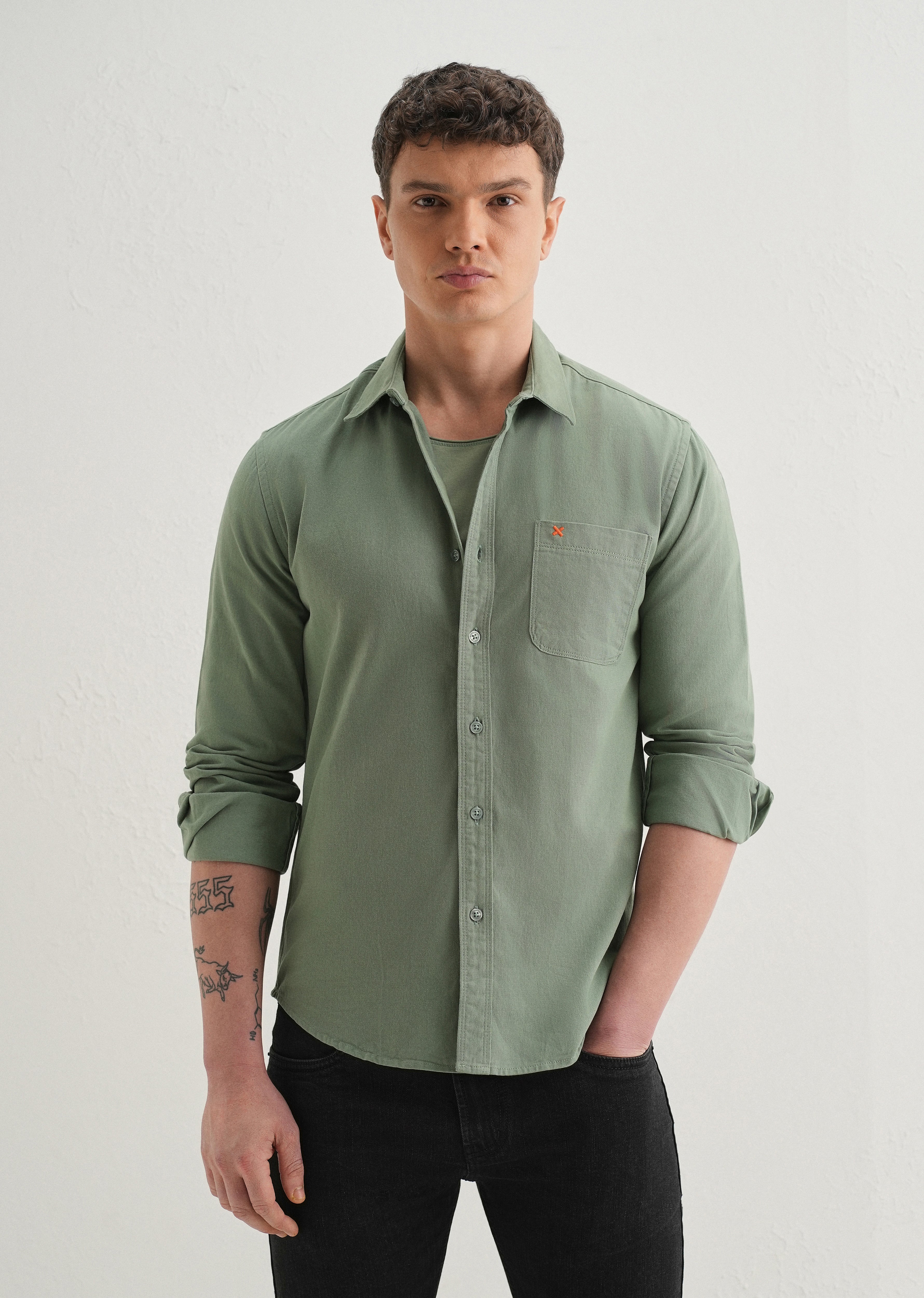 Green Plain Cotton Single Pocket Shirt