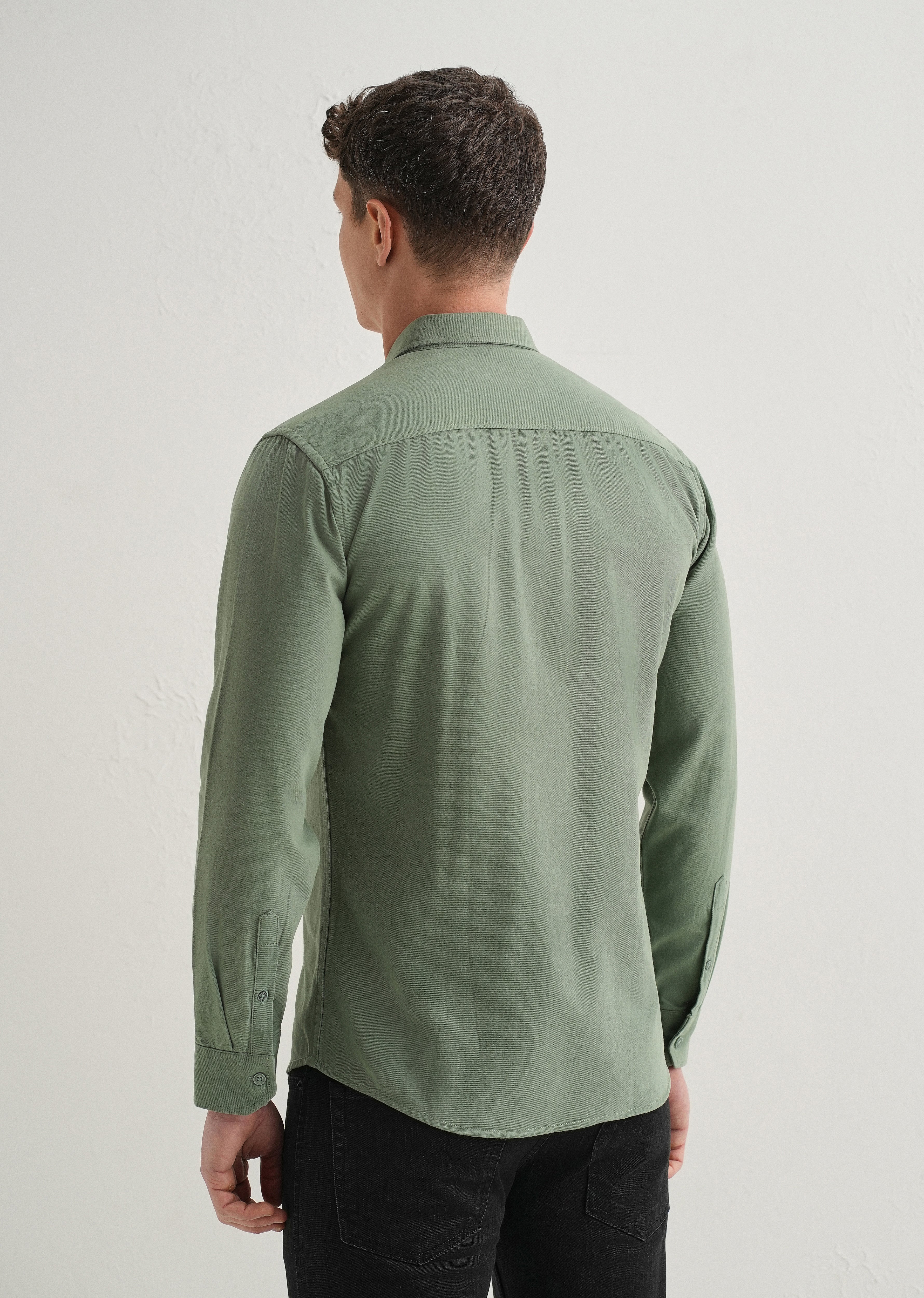 Green Plain Cotton Single Pocket Shirt