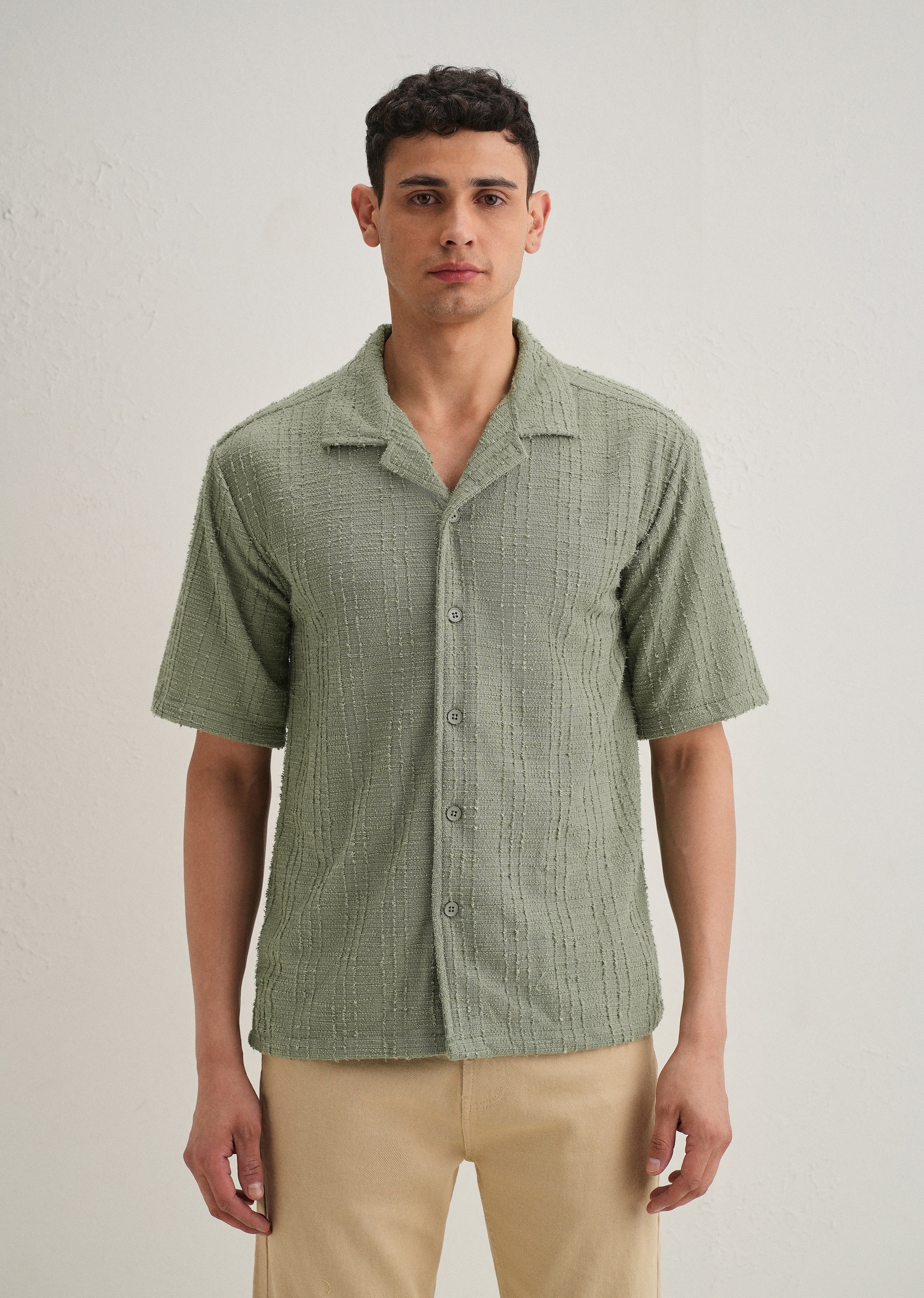 Green Plain Cuban Collar Knitted Shirt