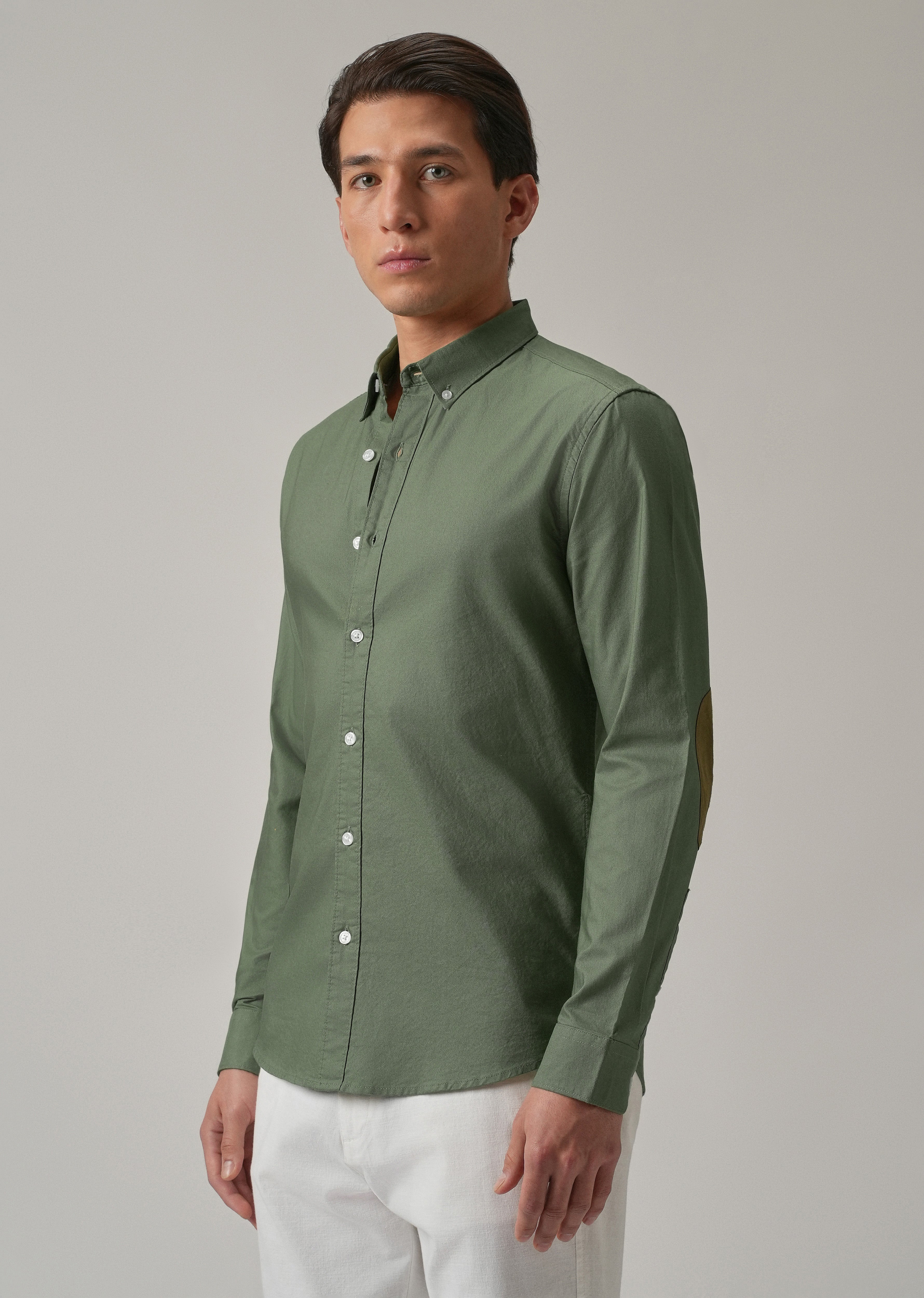 Green Plain Elbow Patch Oxford Shirt