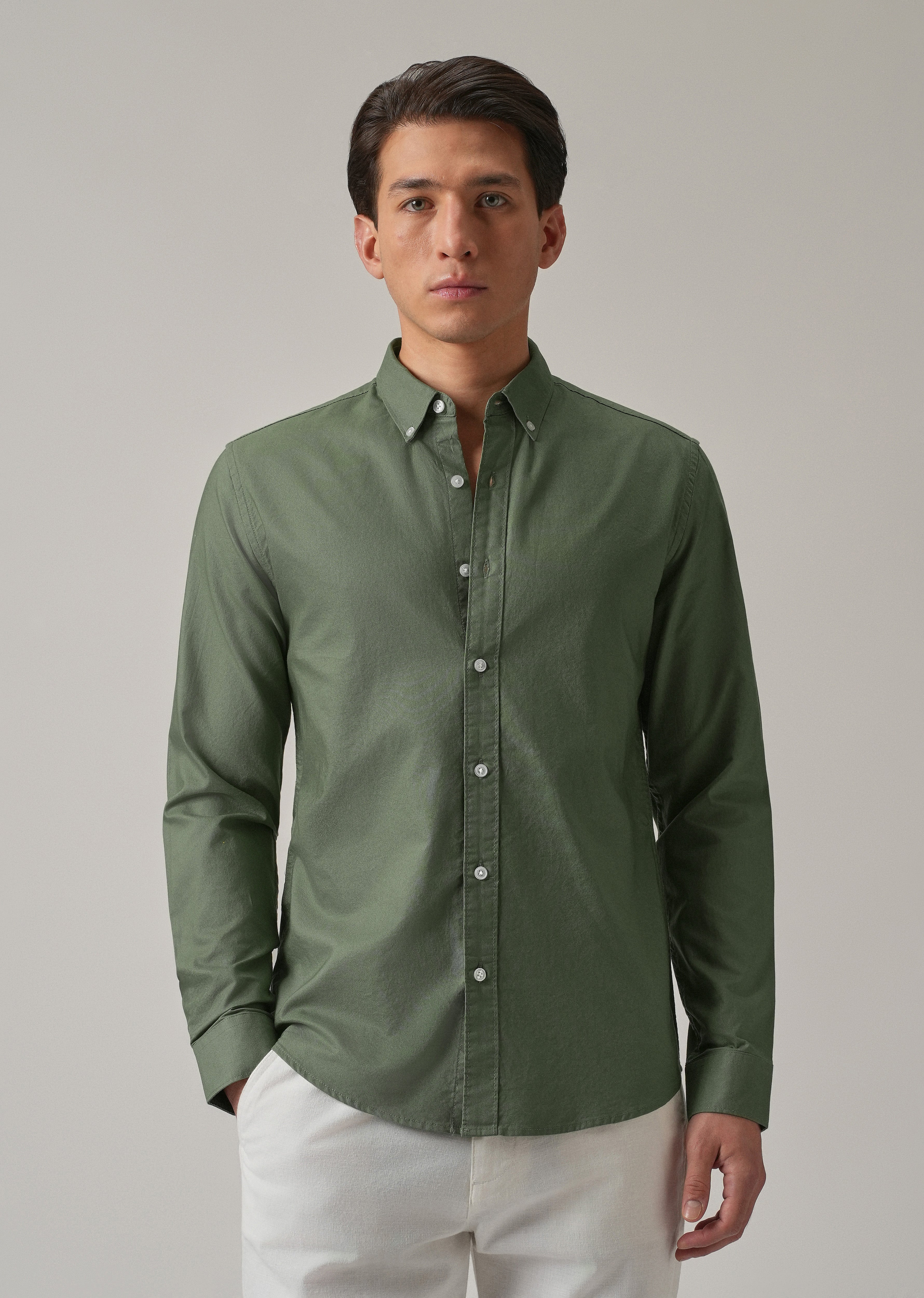 Green Plain Elbow Patch Oxford Shirt
