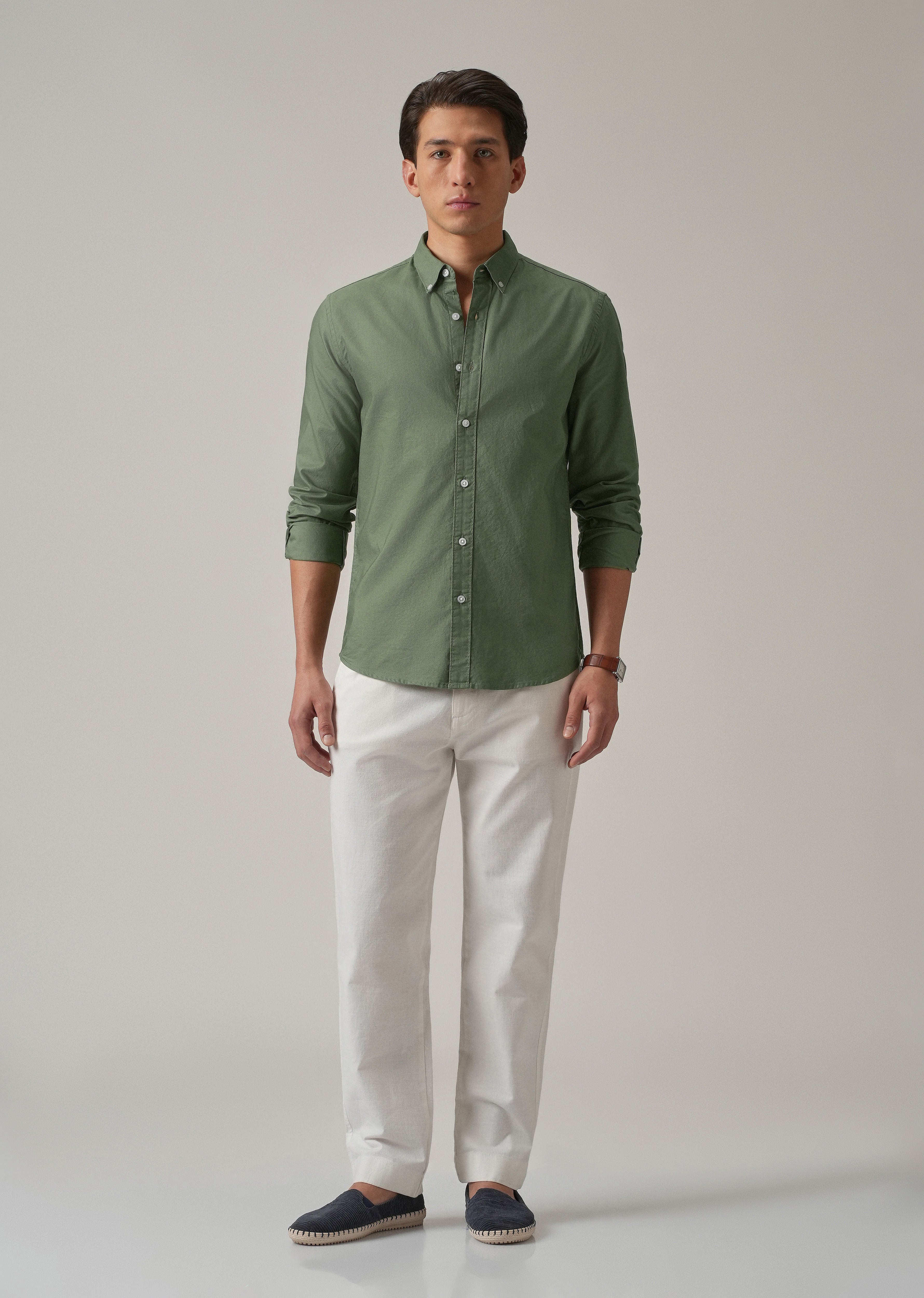 Green Plain Elbow Patch Oxford Shirt