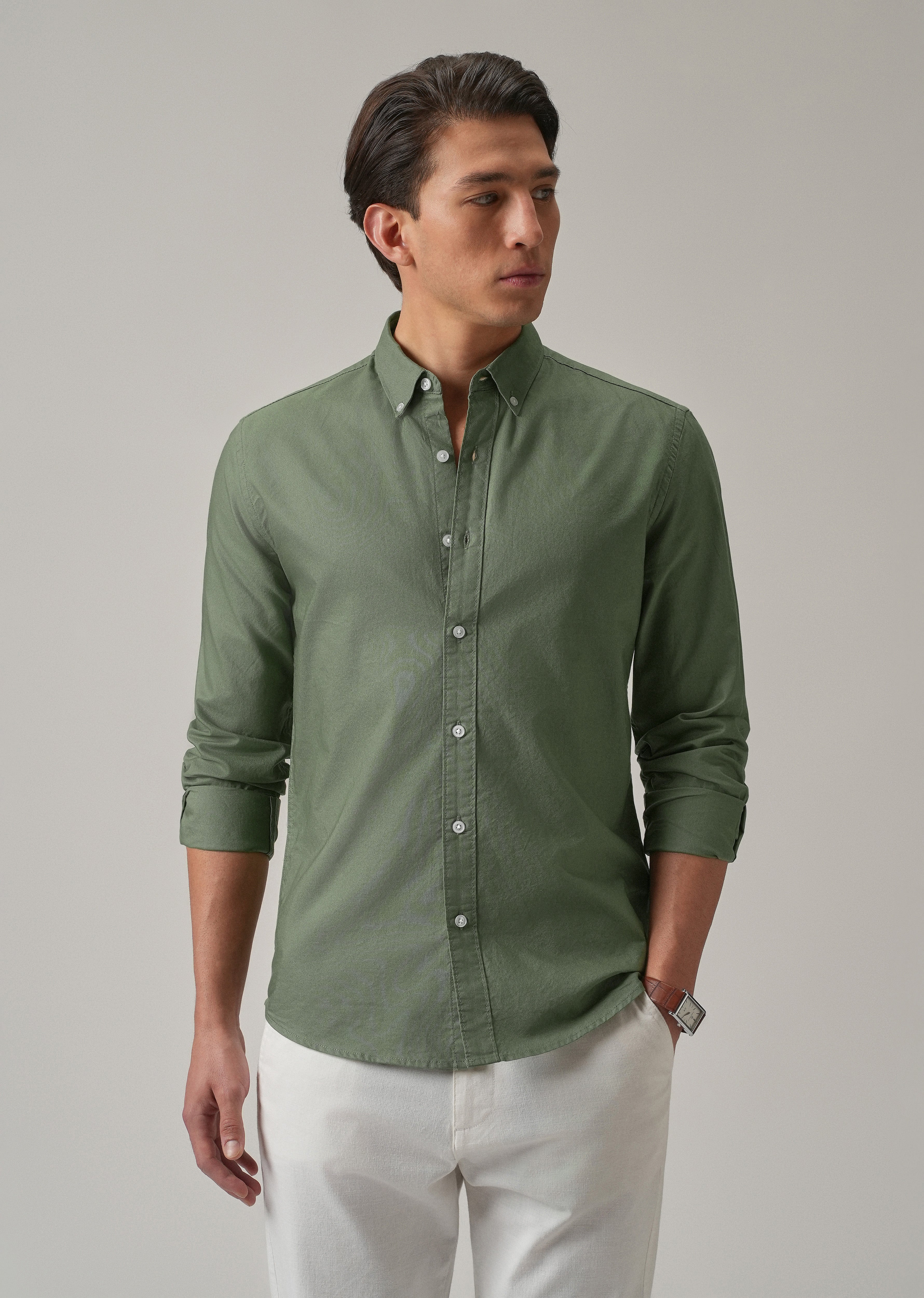 Green Plain Elbow Patch Oxford Shirt