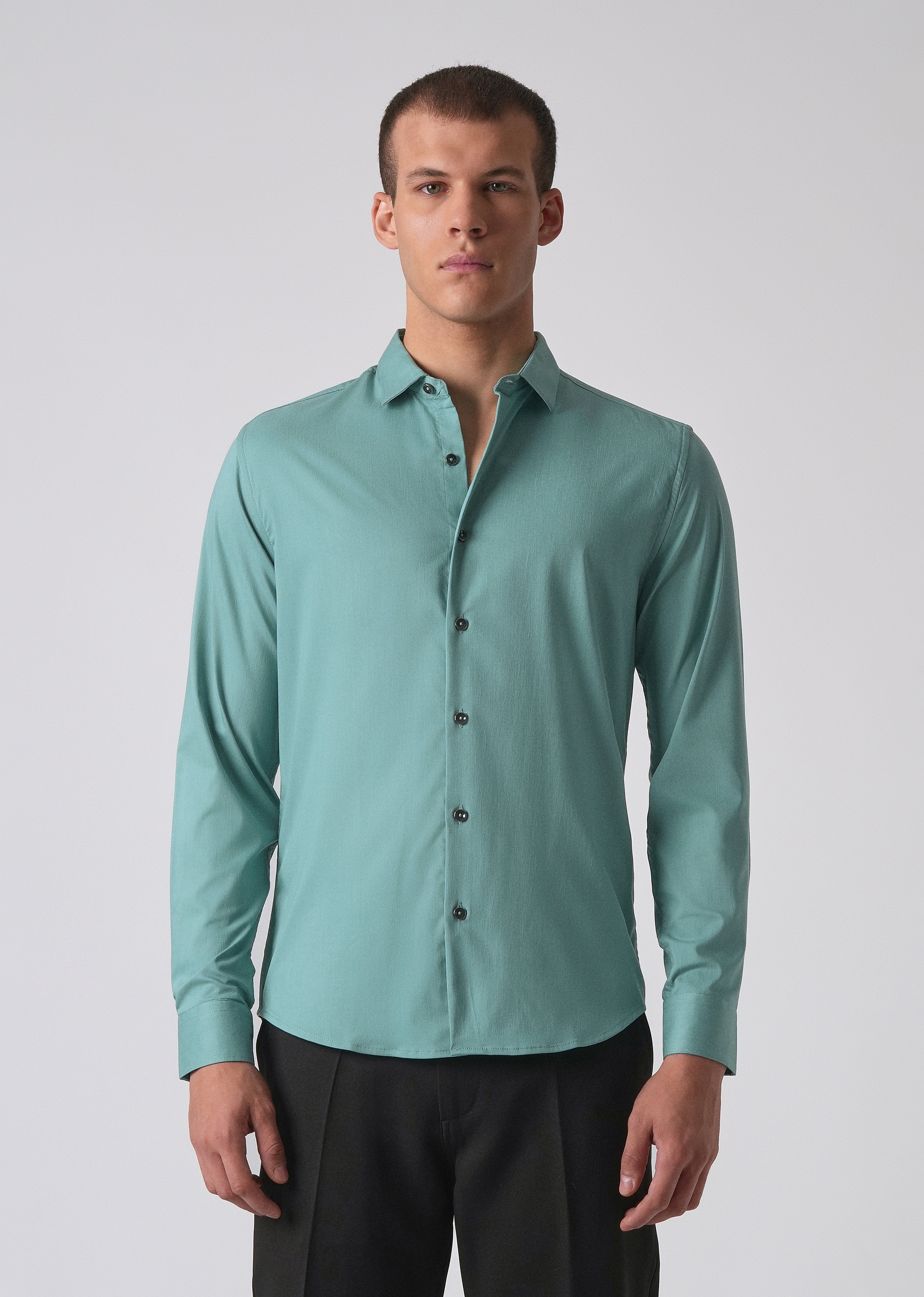 Green Plain Cotton Stretch Shirt
