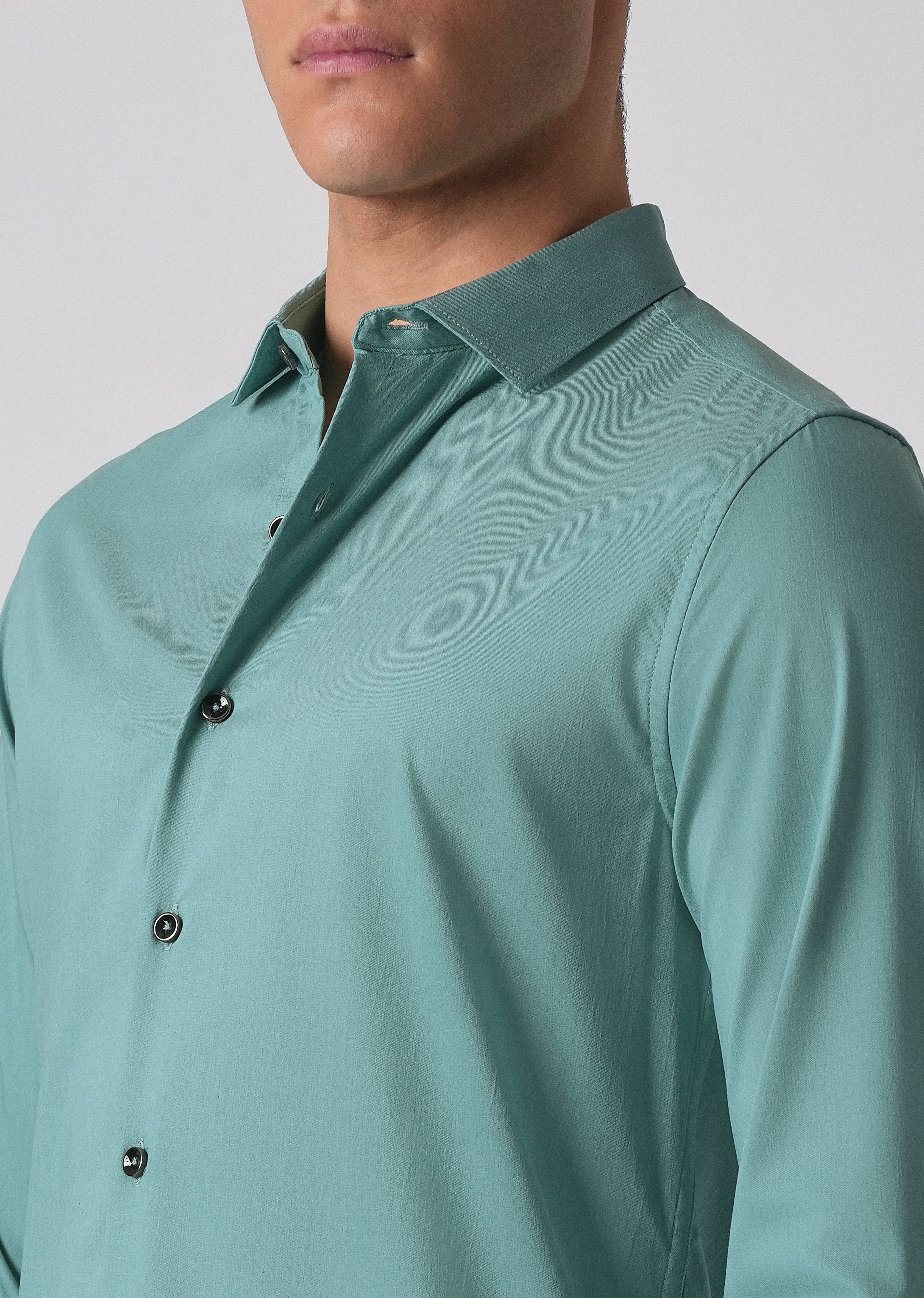 Green Plain Cotton Stretch Shirt