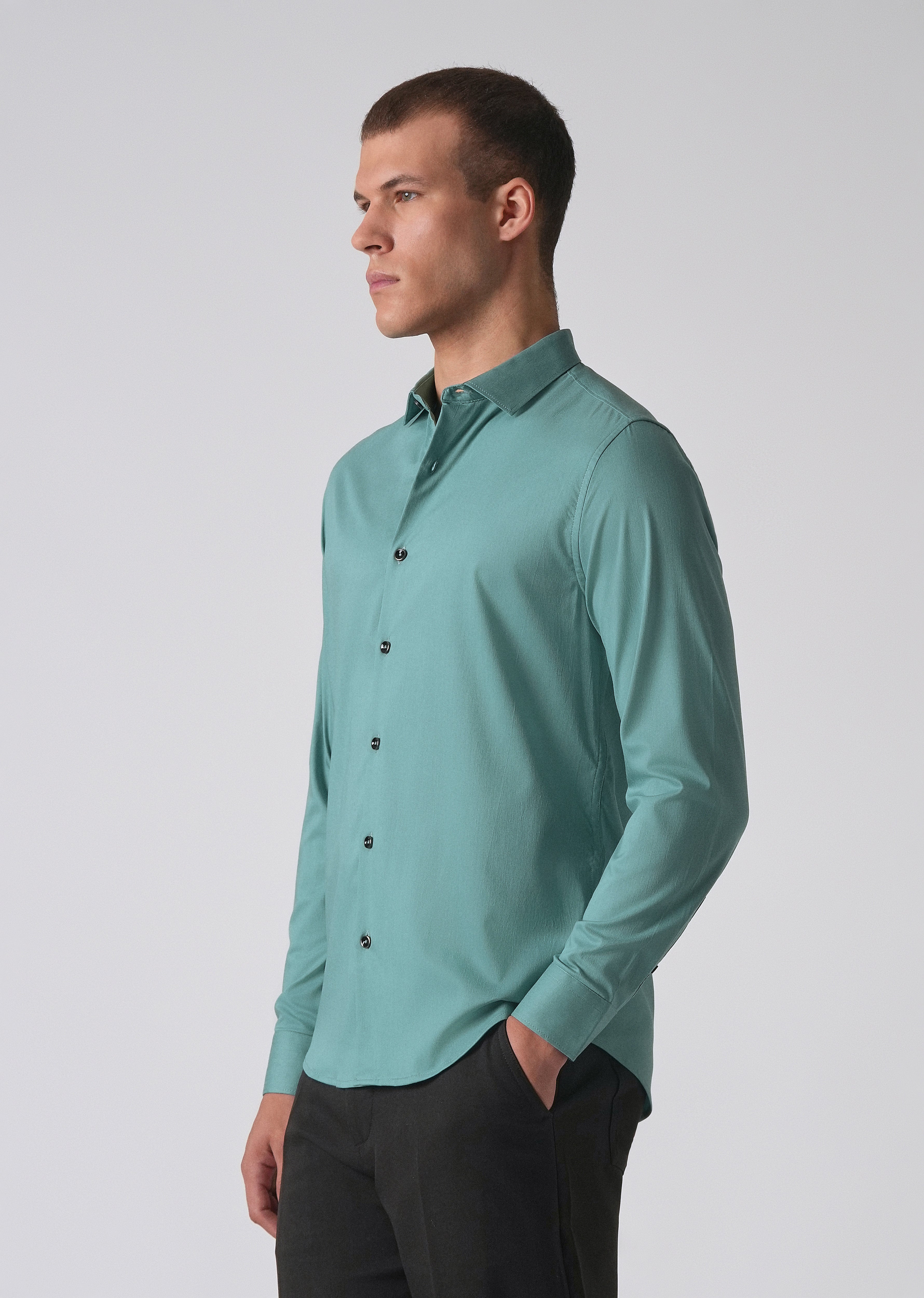 Green Plain Cotton Stretch Shirt