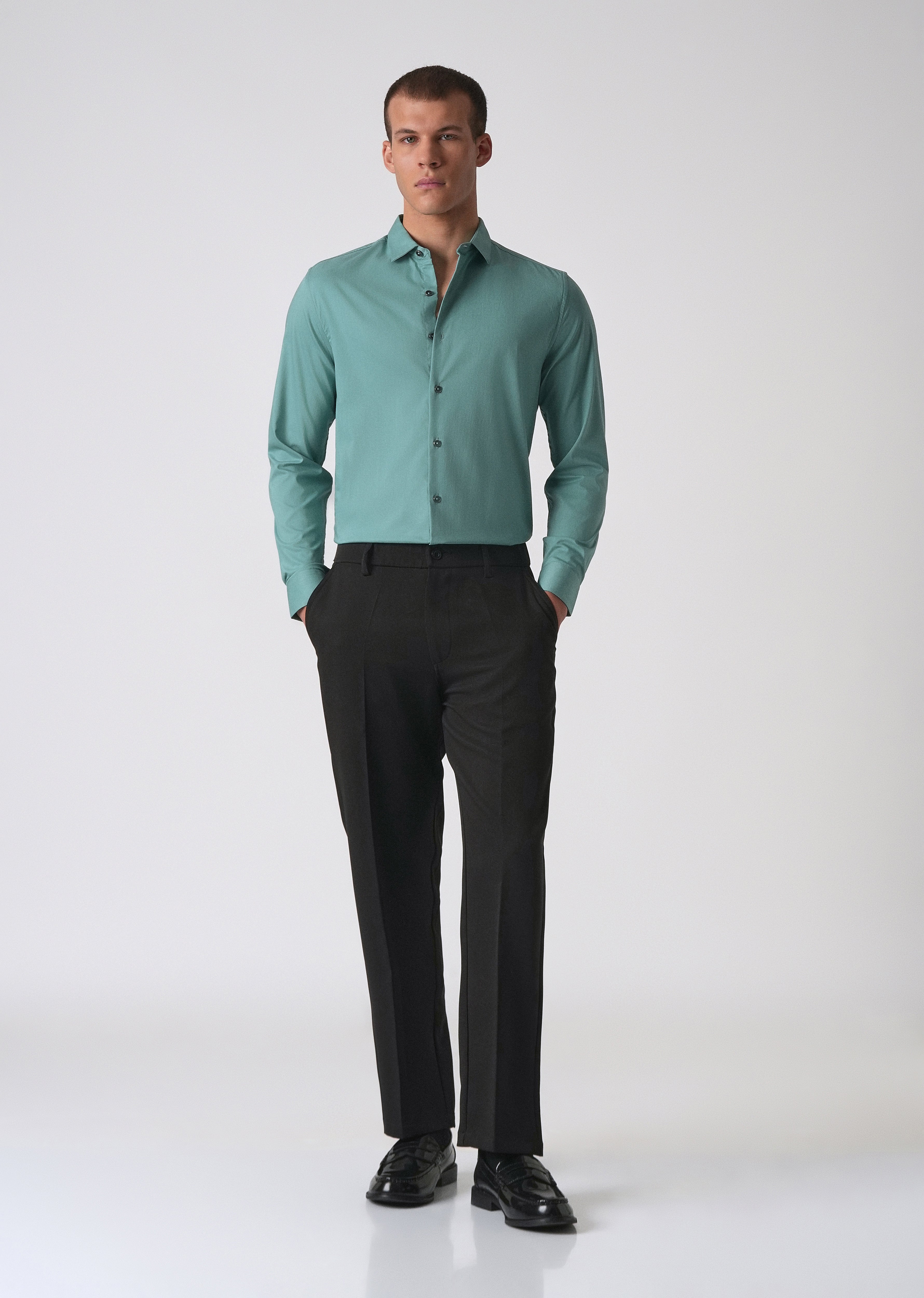 Green Plain Cotton Stretch Shirt