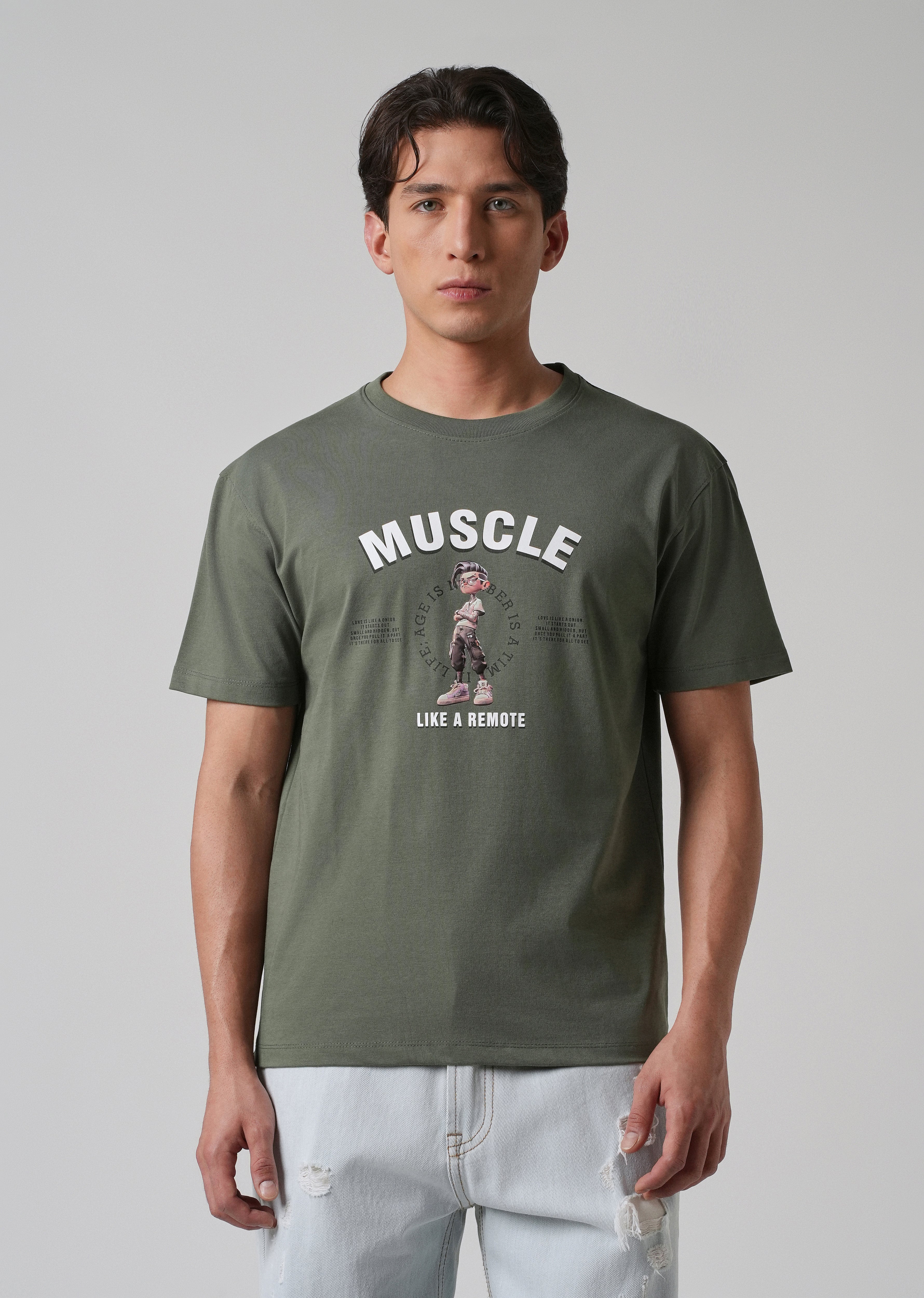 Olive Green Printed Slim Fit T-shirt