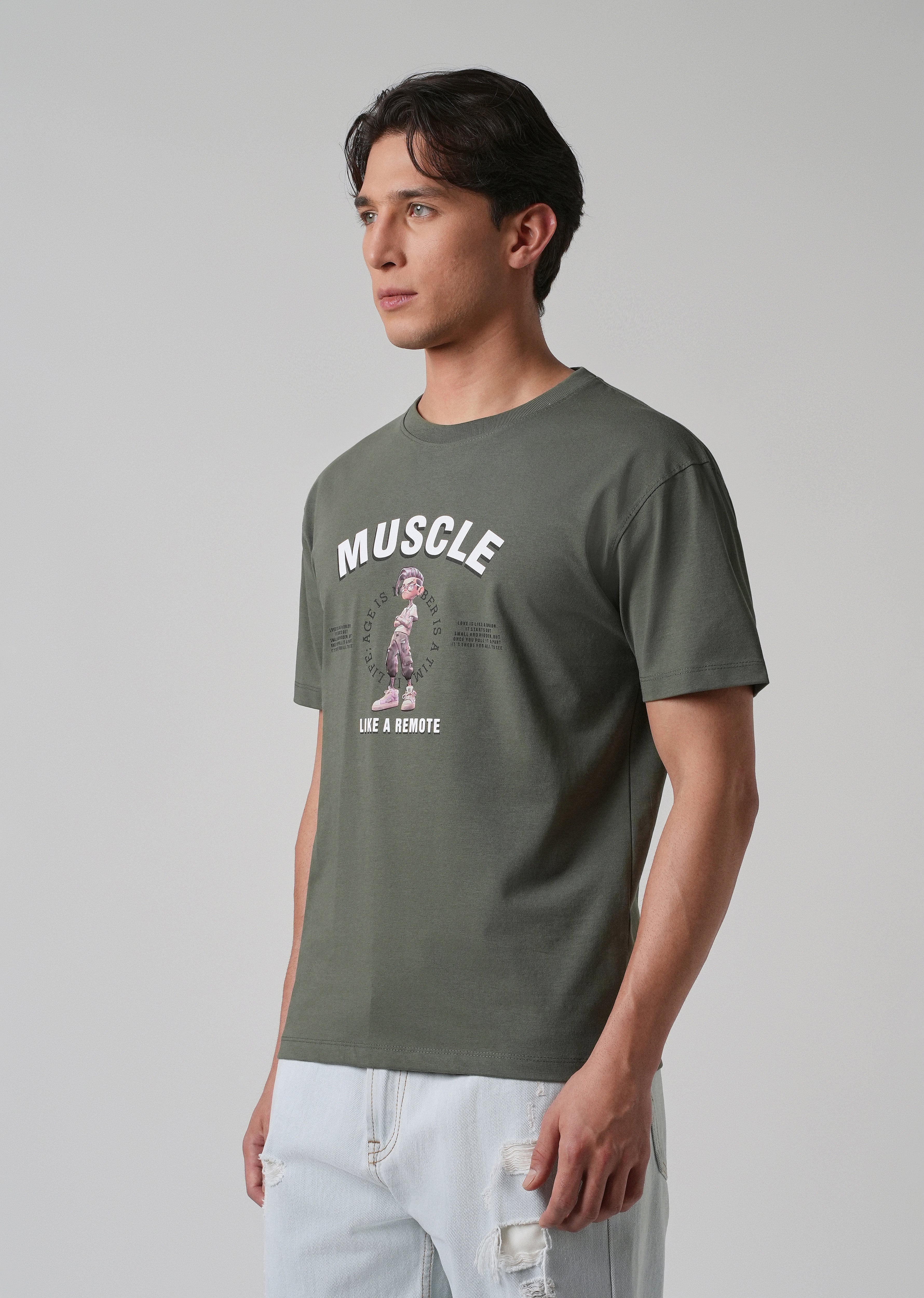 Olive Green Printed Slim Fit T-shirt