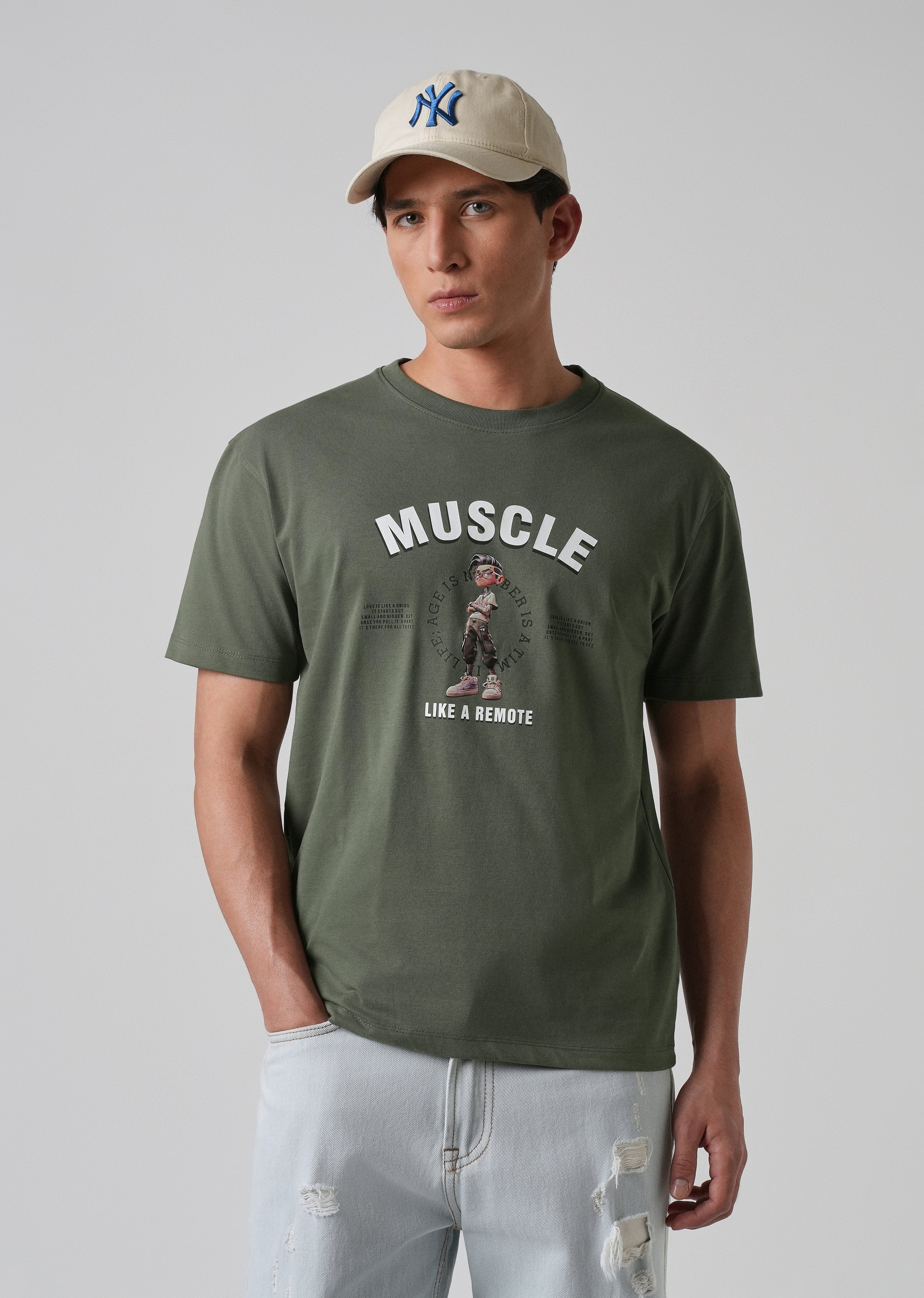 Olive Green Printed Slim Fit T-shirt