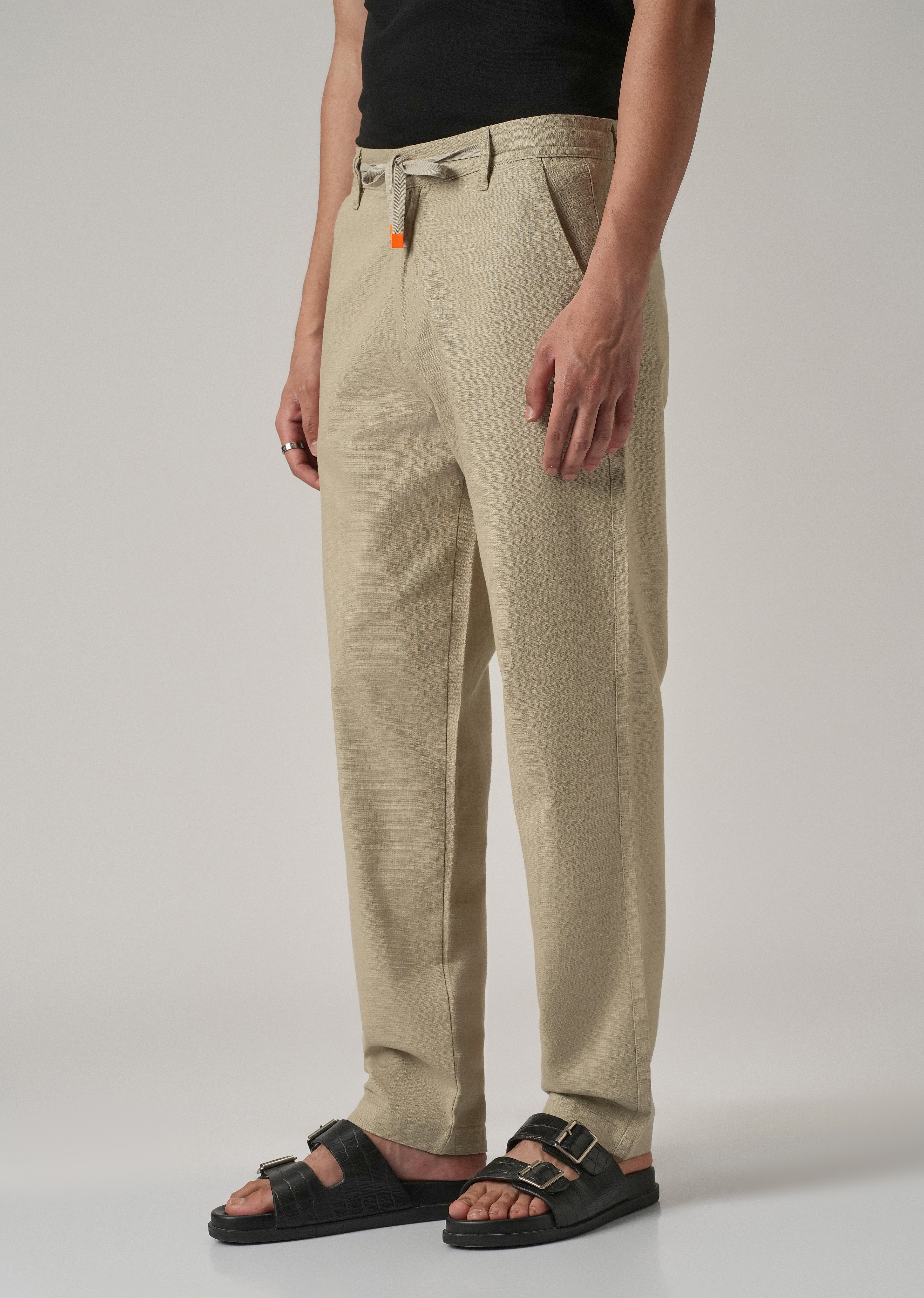 Beige Khaki Linen-Look Cotton Trousers