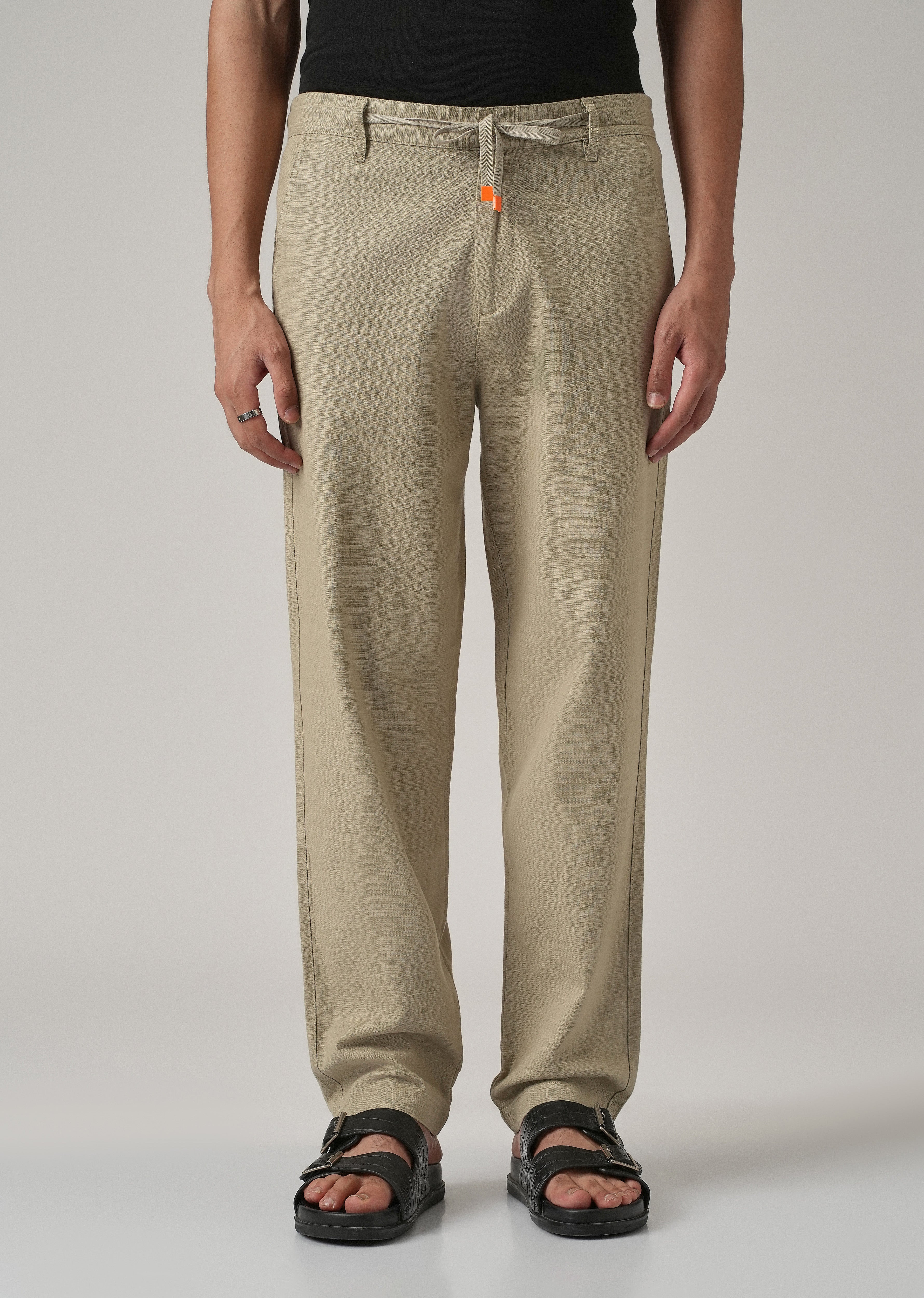 Beige Khaki Linen-Look Cotton Trousers