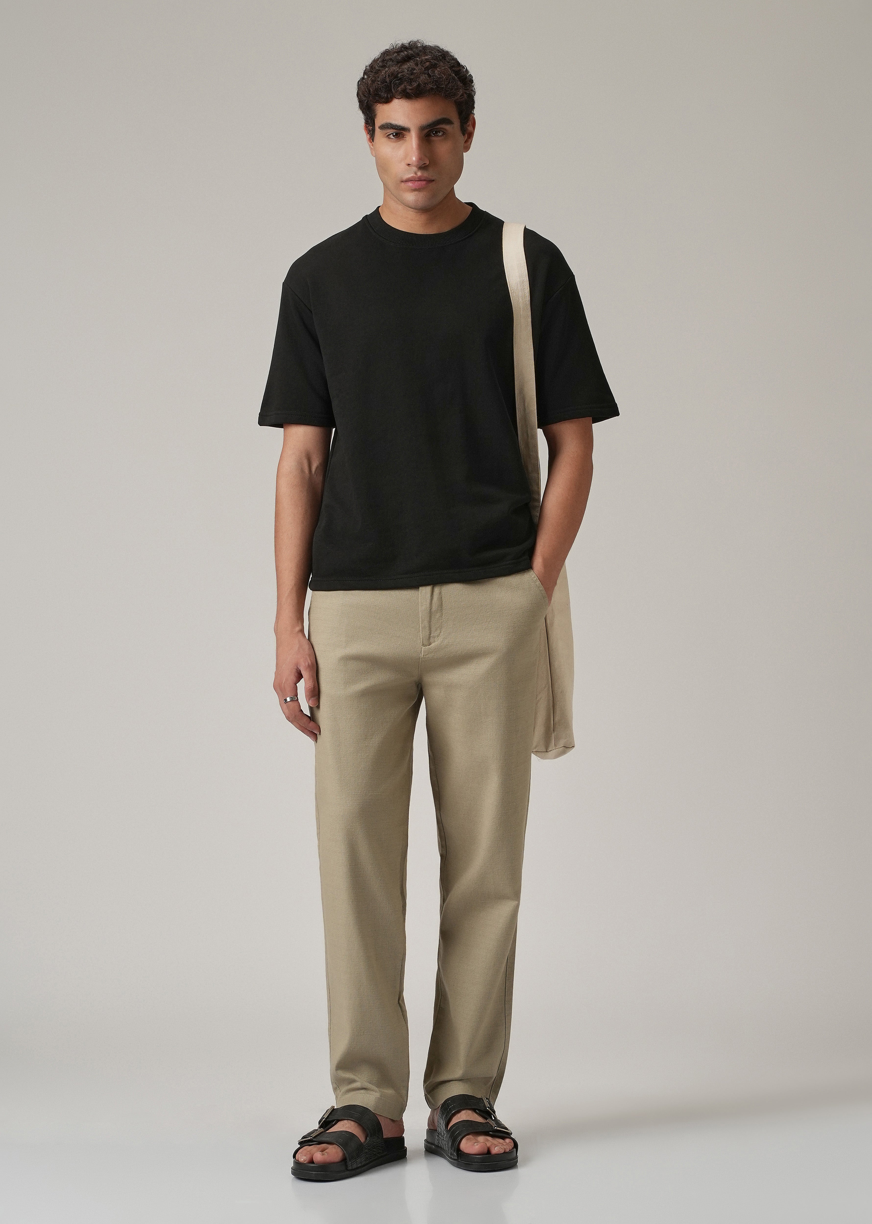Beige Khaki Linen-Look Cotton Trousers