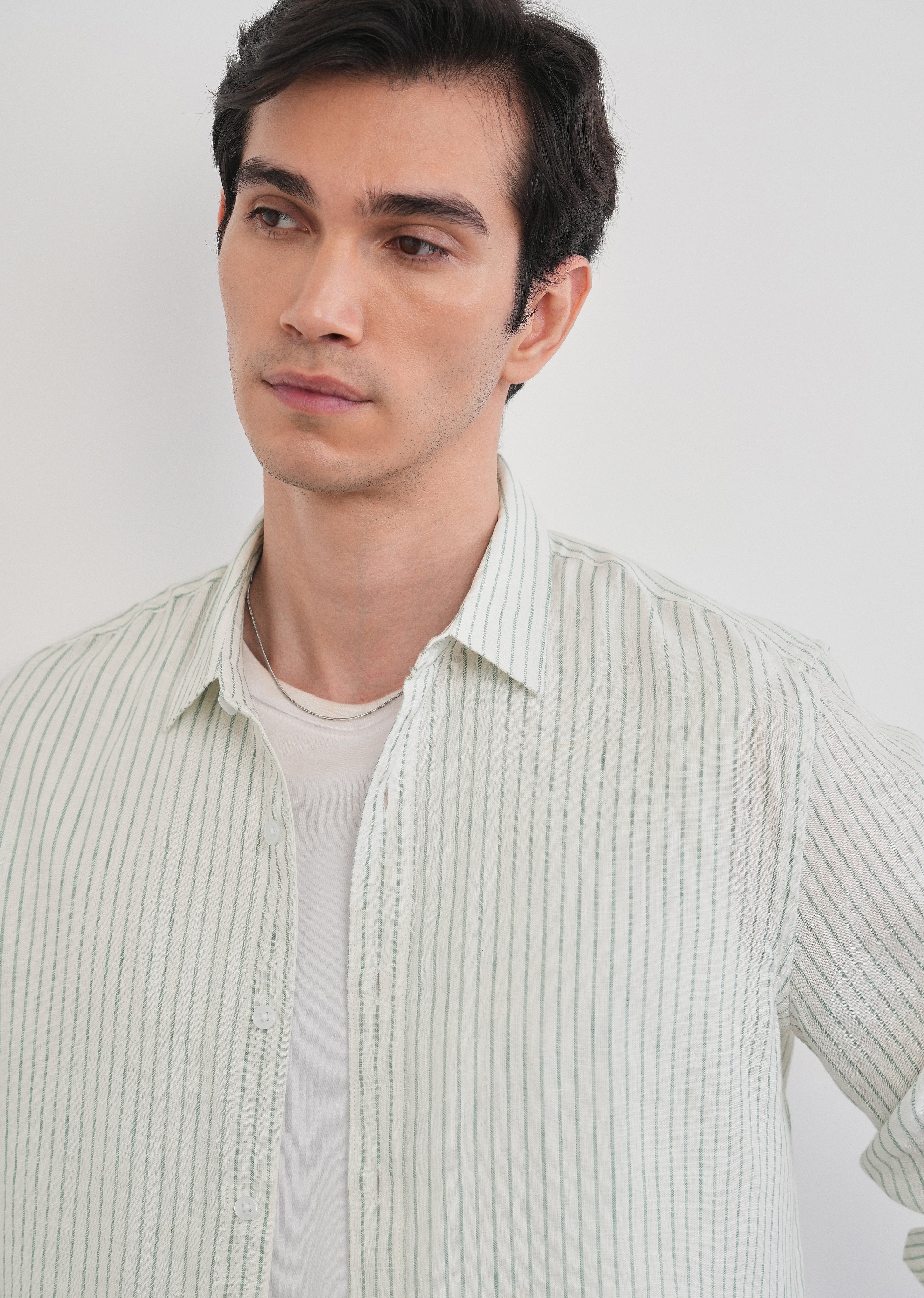 100% Linen Green Self-Stripe Shirt