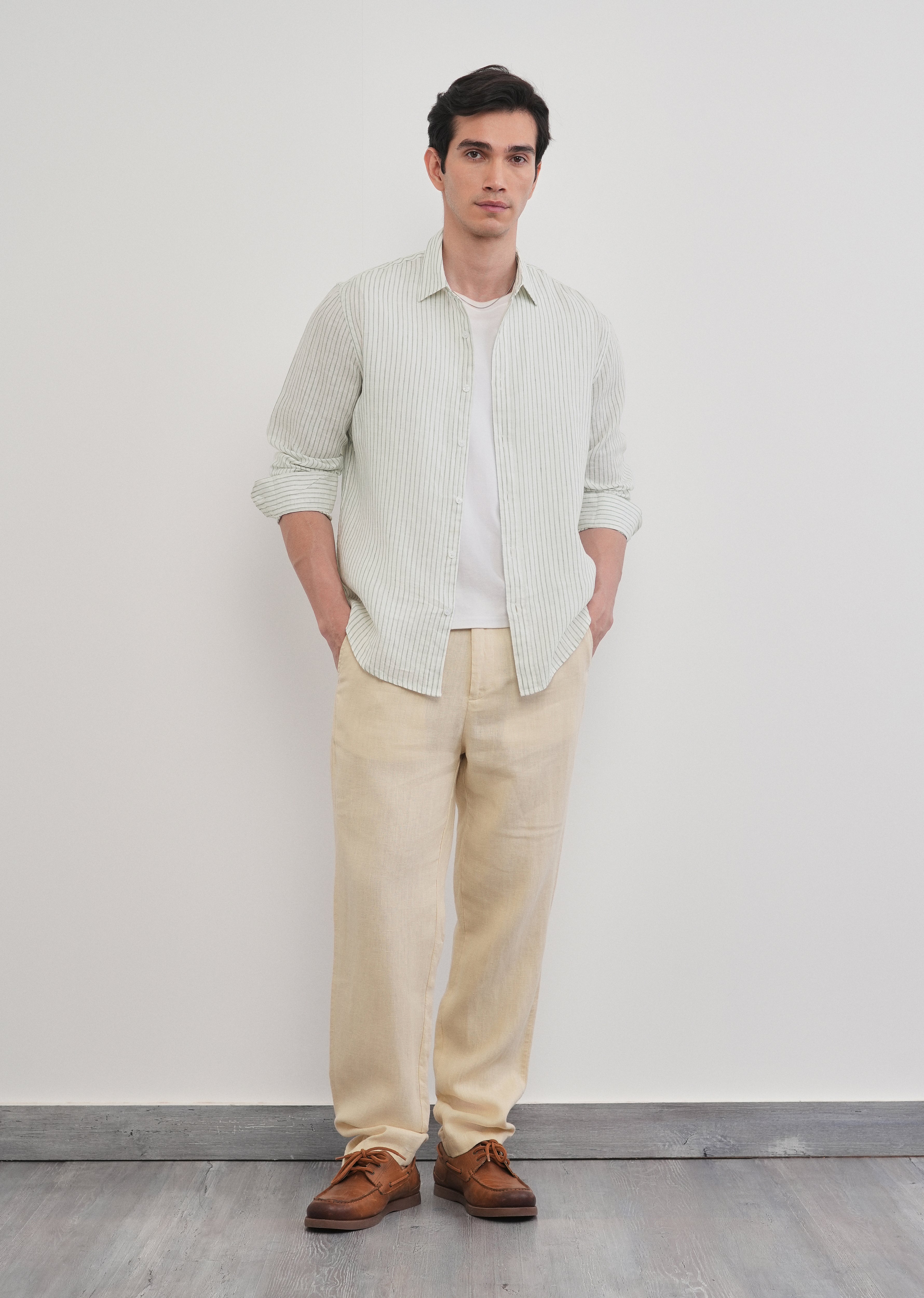 100% Linen Green Self-Stripe Shirt