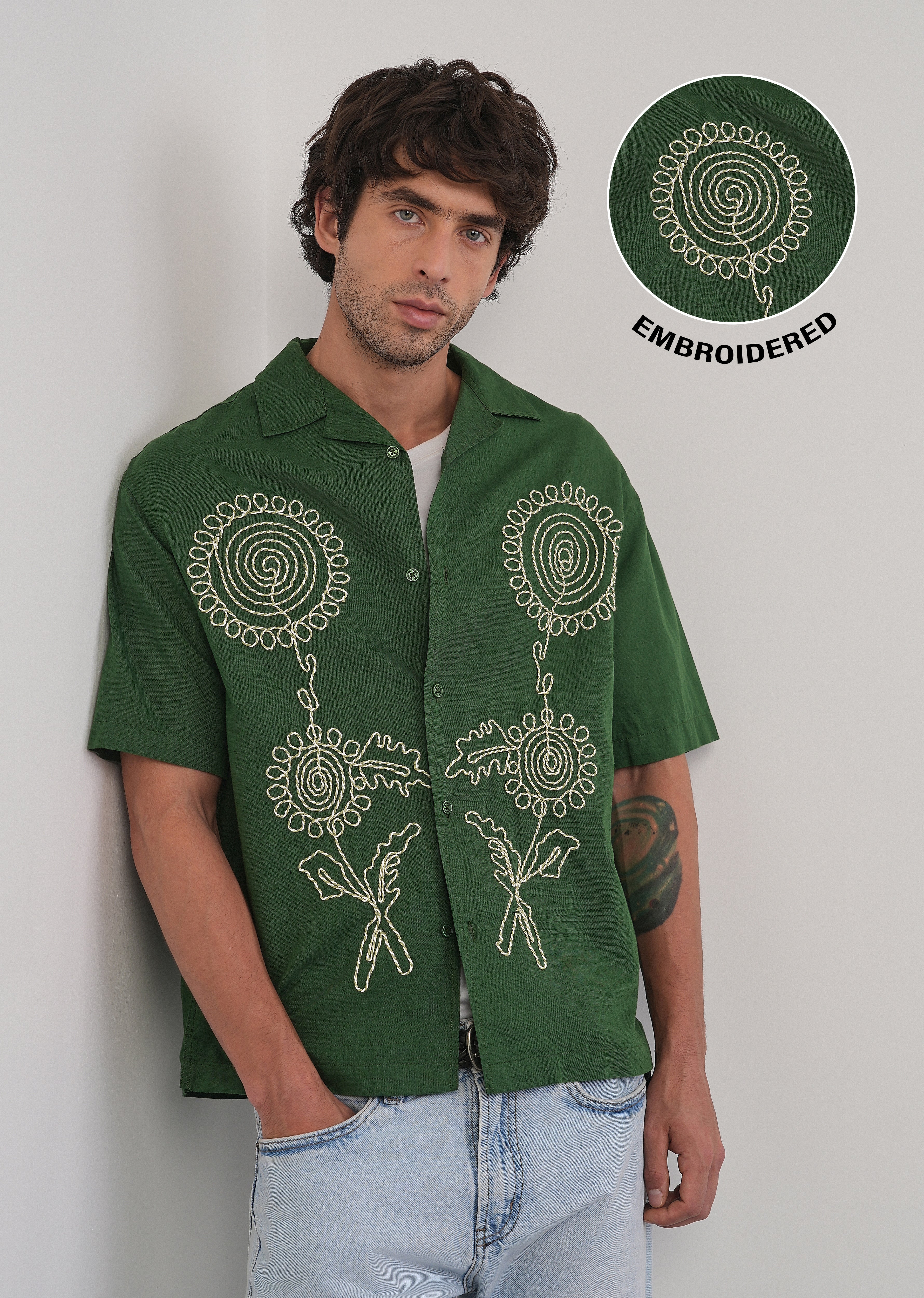 Green Floral Thread Work Shirt