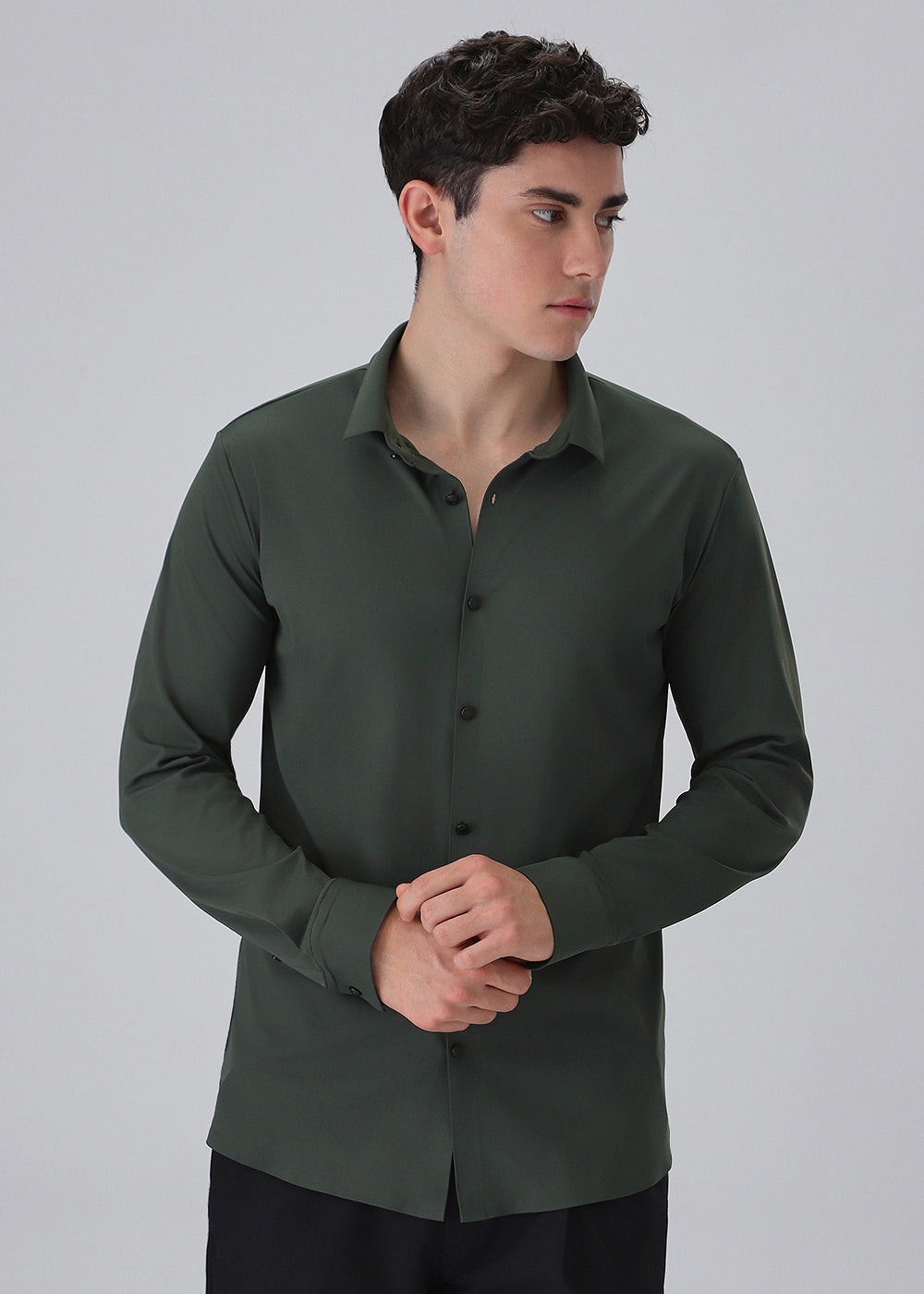 Green Plain Stitchless Stretch Shirt