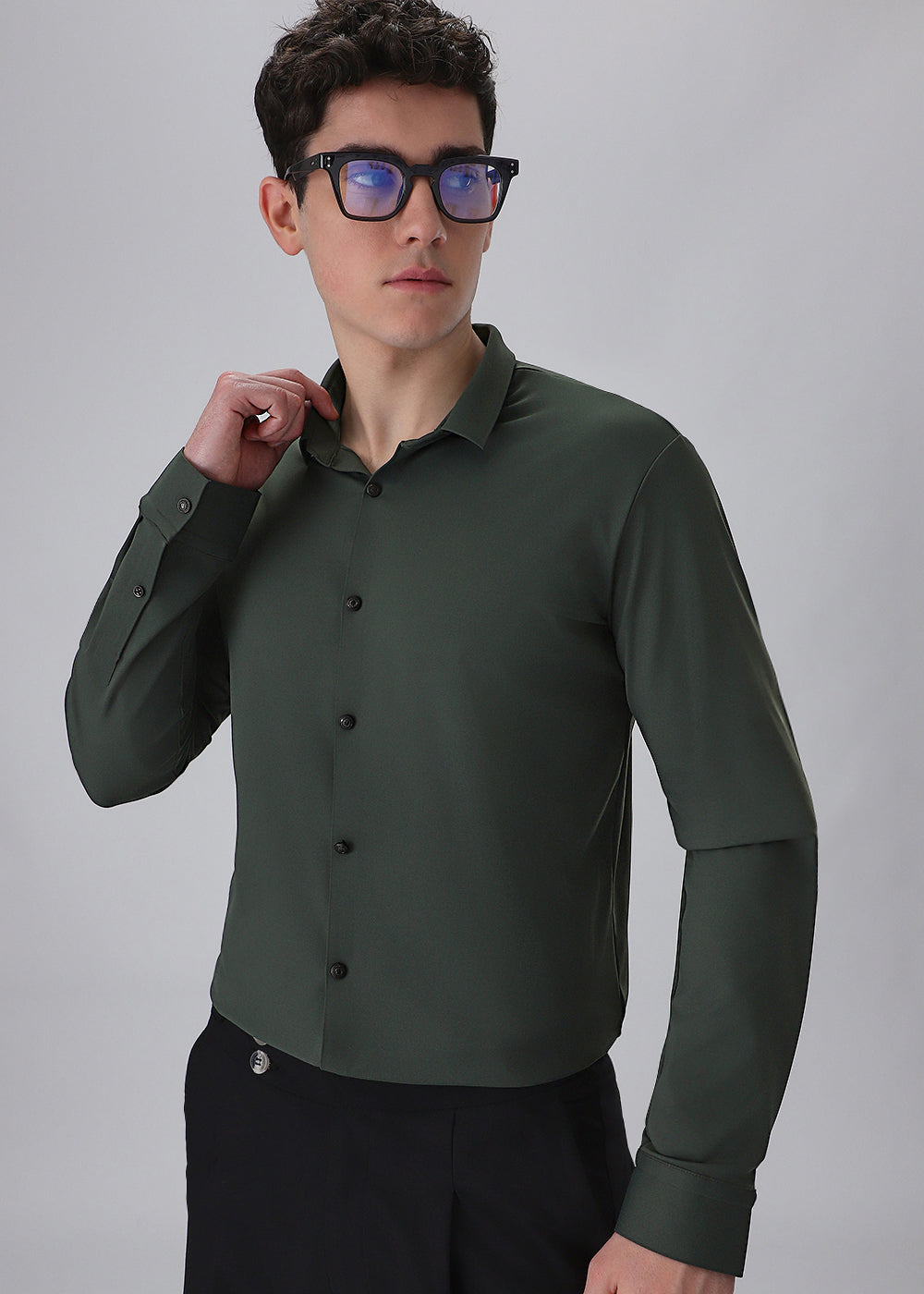 Green Plain Stitchless Stretch Shirt