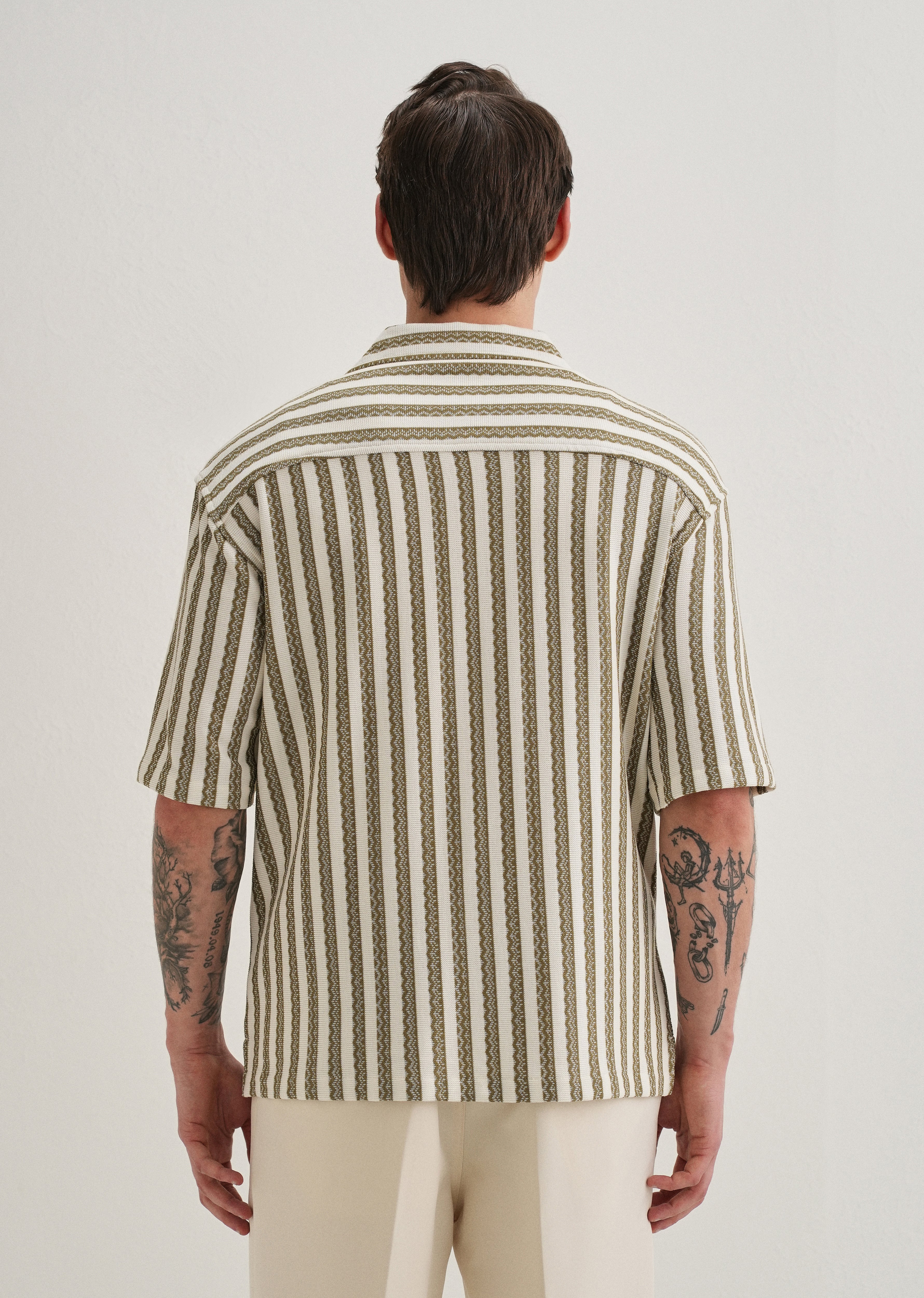 Green Striped Knit Cuban Collar Shirt