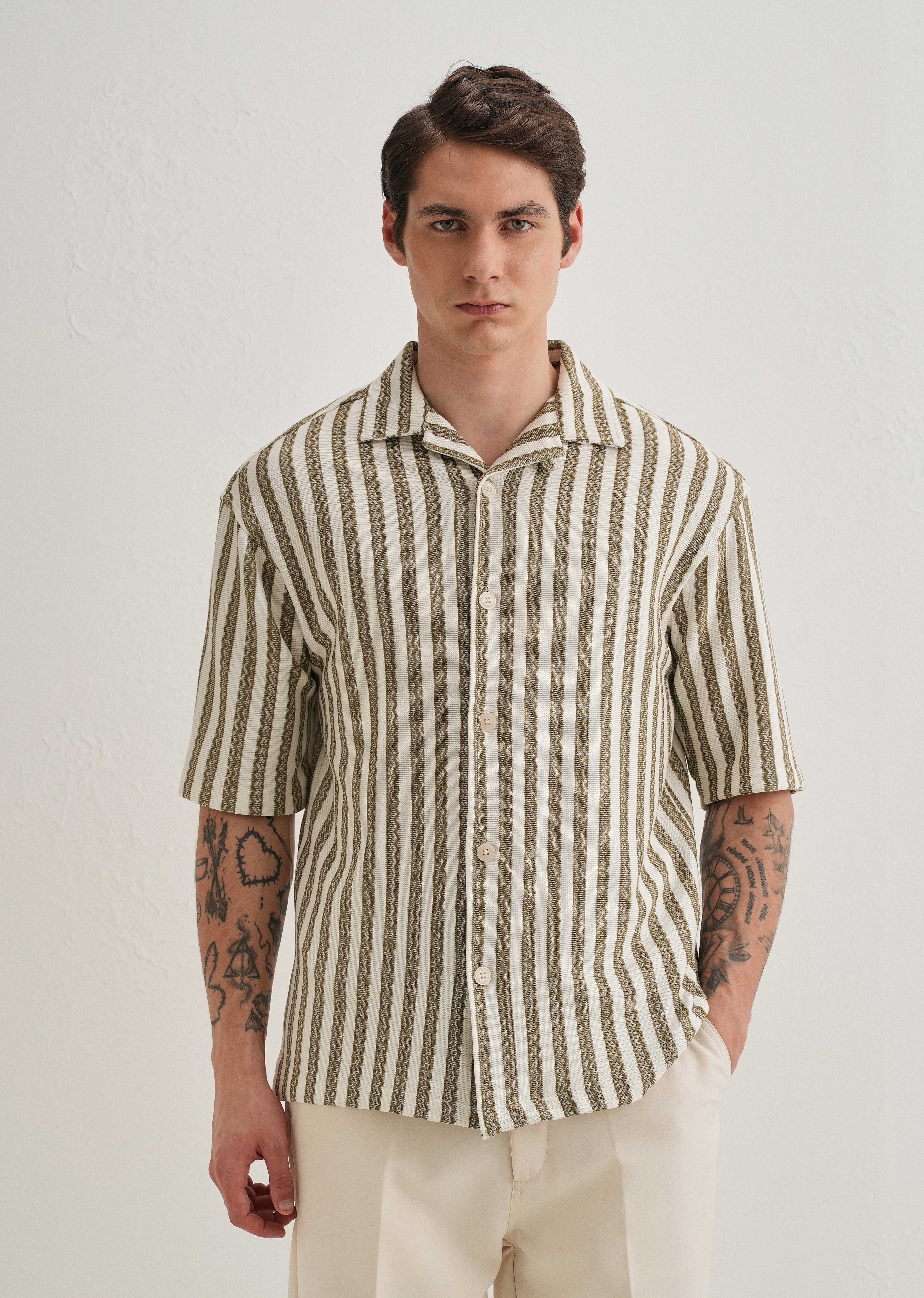 Green Striped Knit Cuban Collar Shirt