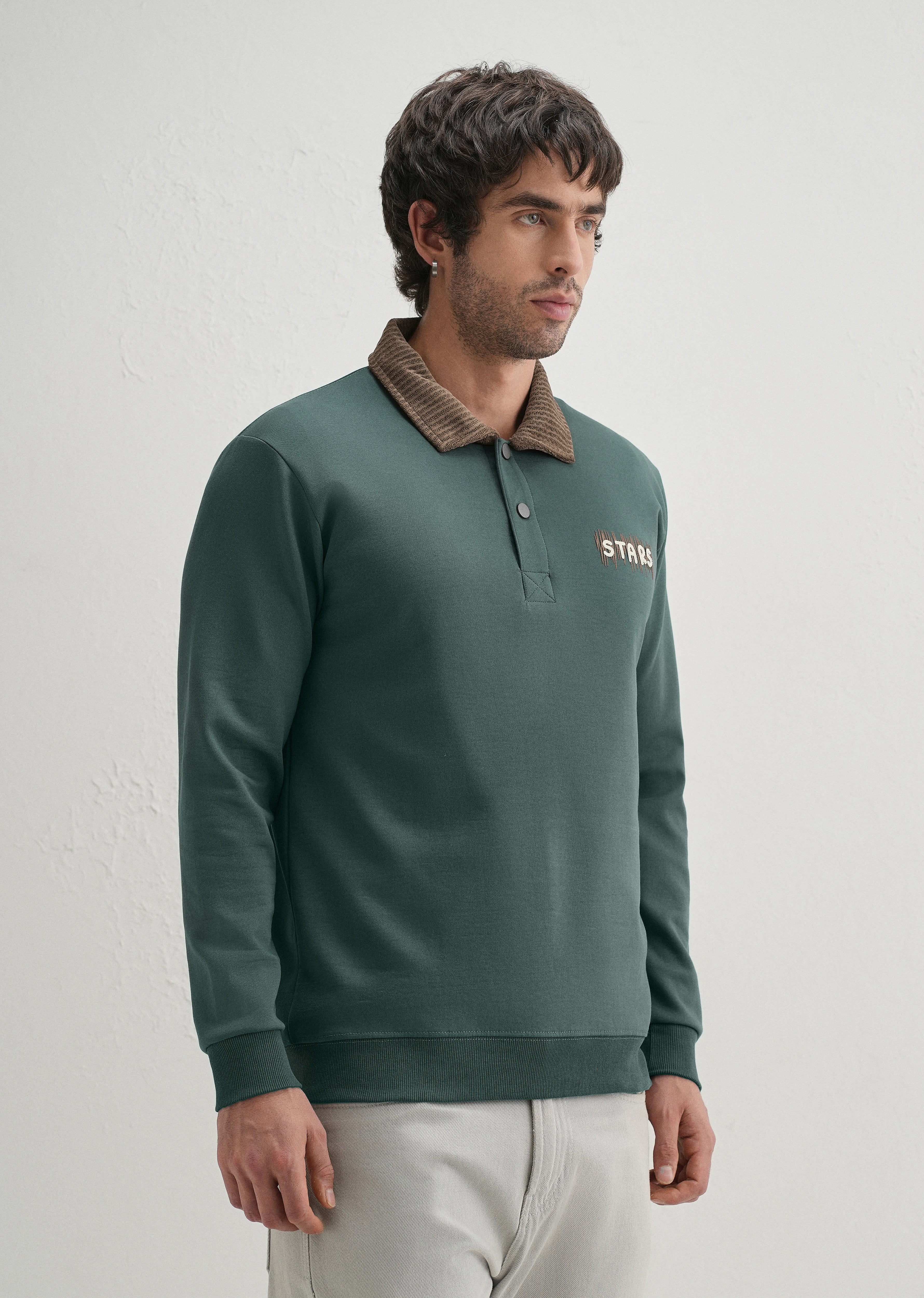 Green Suede Collared Polo Sweatshirt