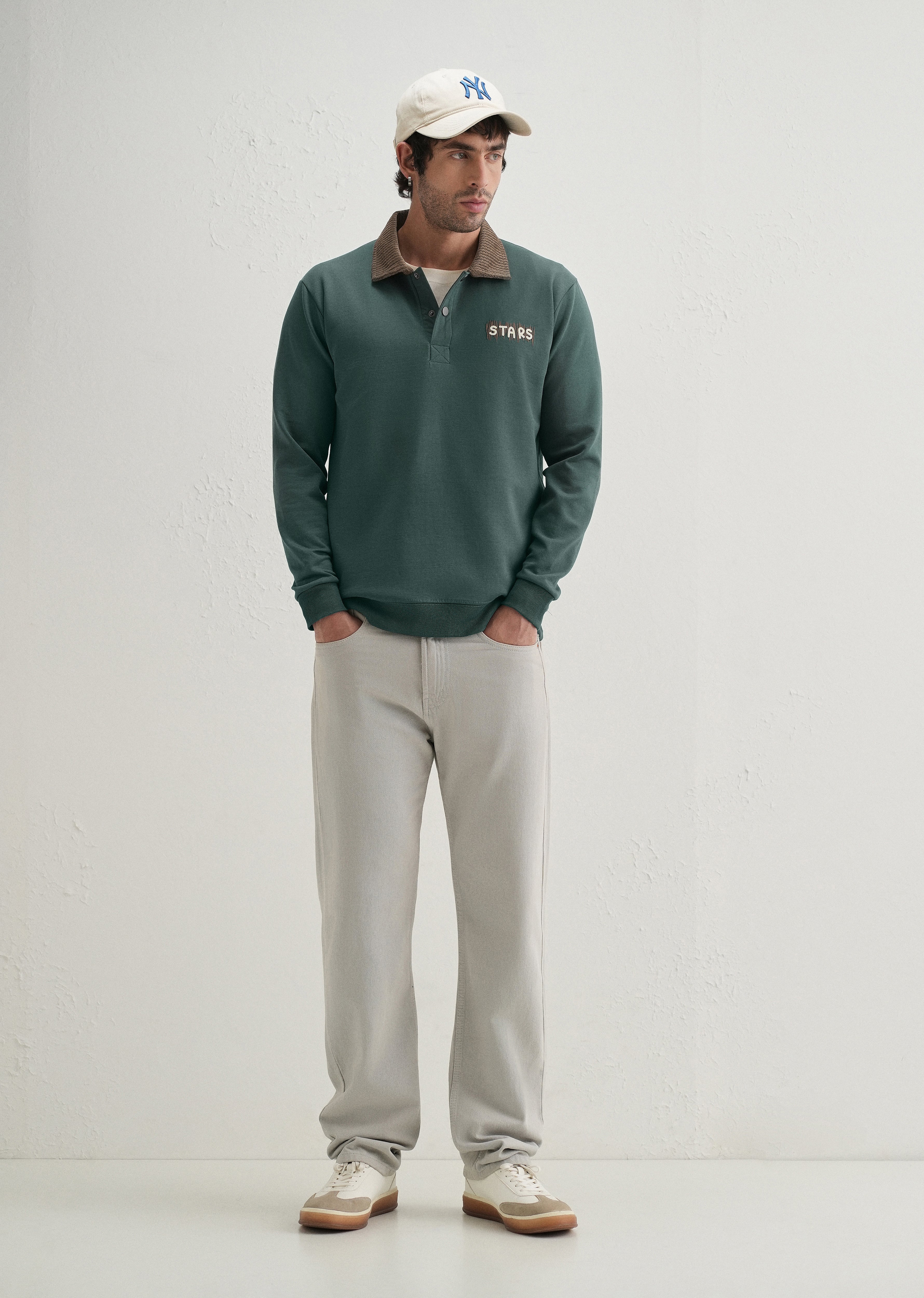 Green Suede Collared Polo Sweatshirt