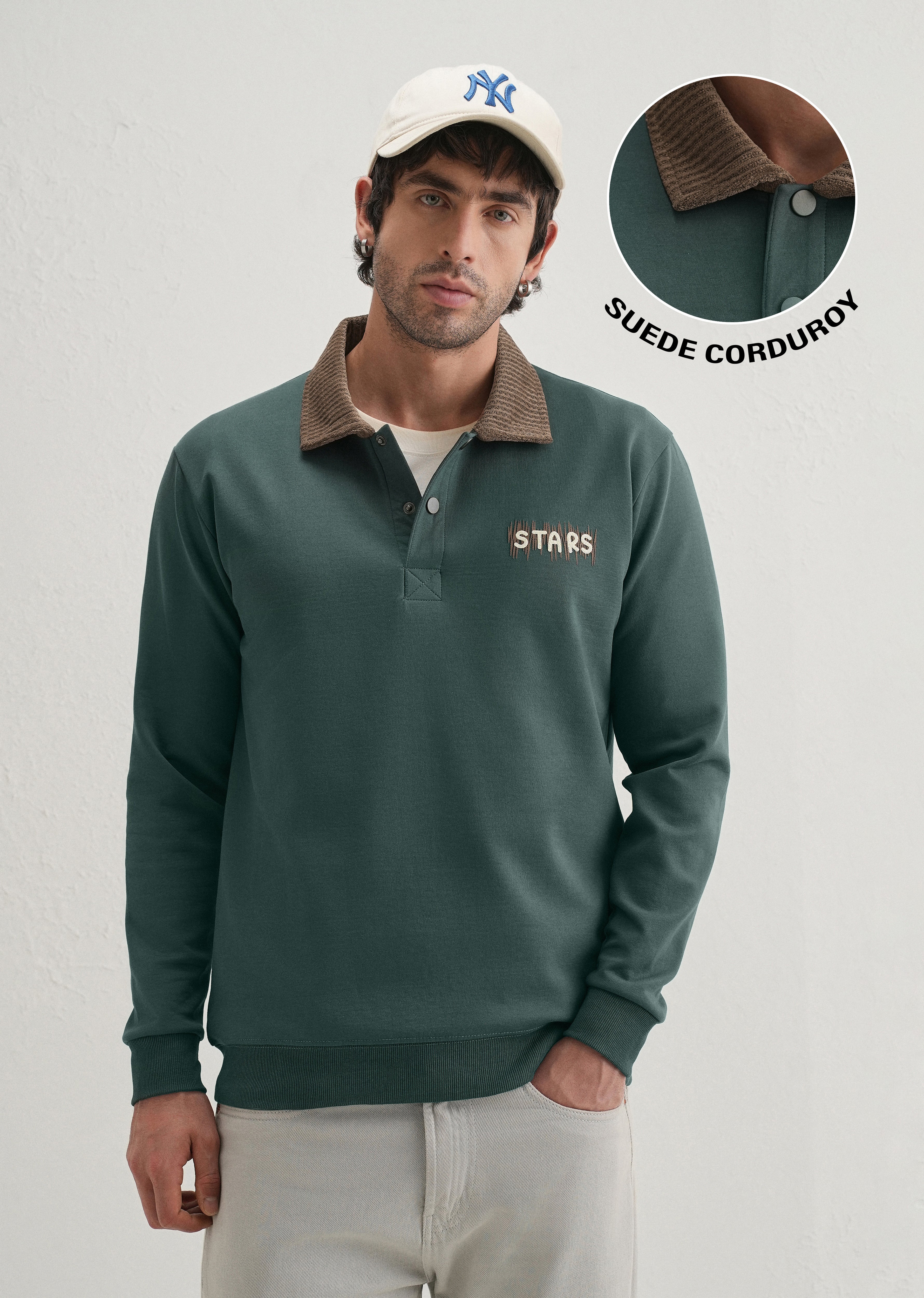 Green Suede Collared Polo Sweatshirt