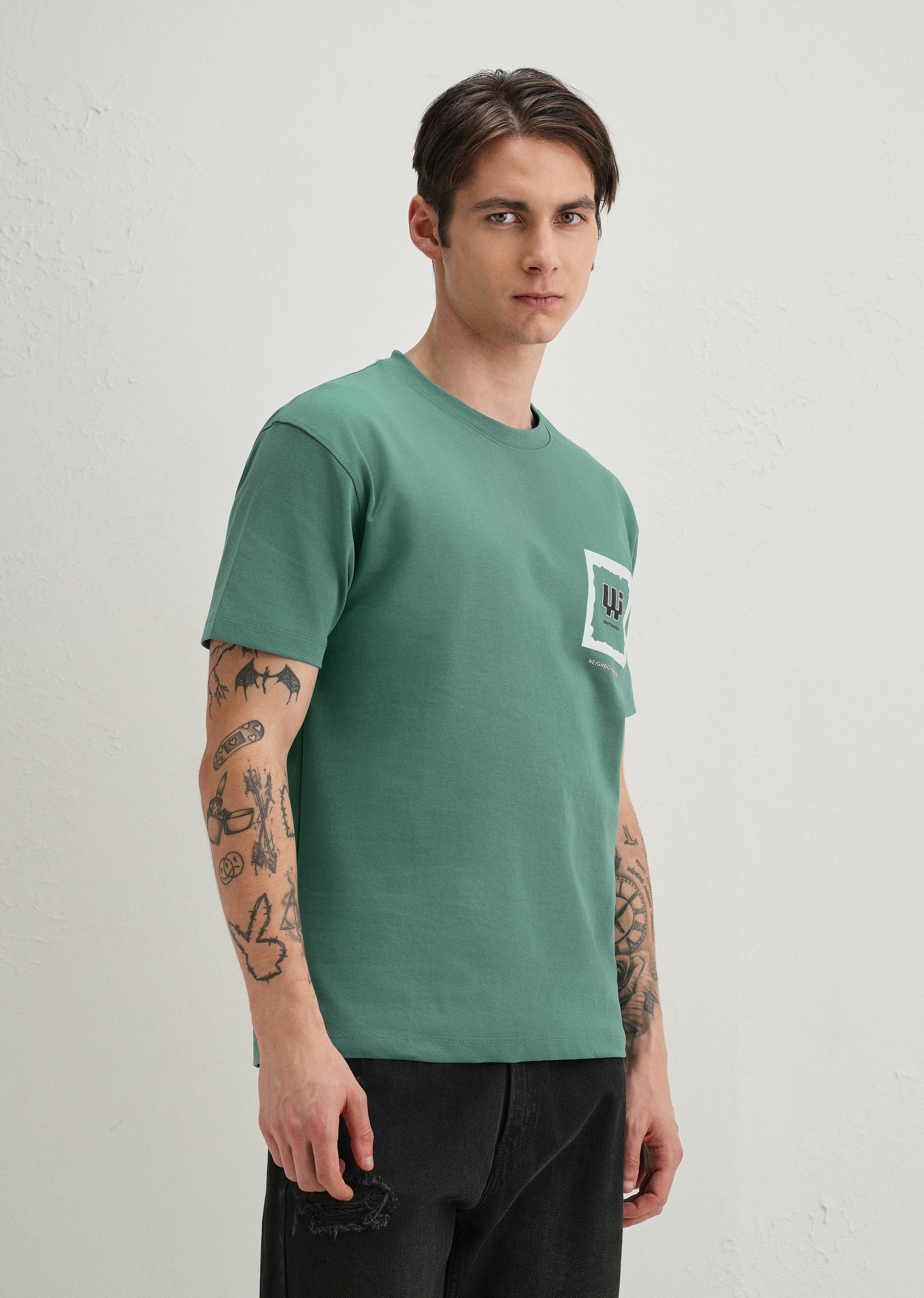 Green Textured Back Print T-Shirt