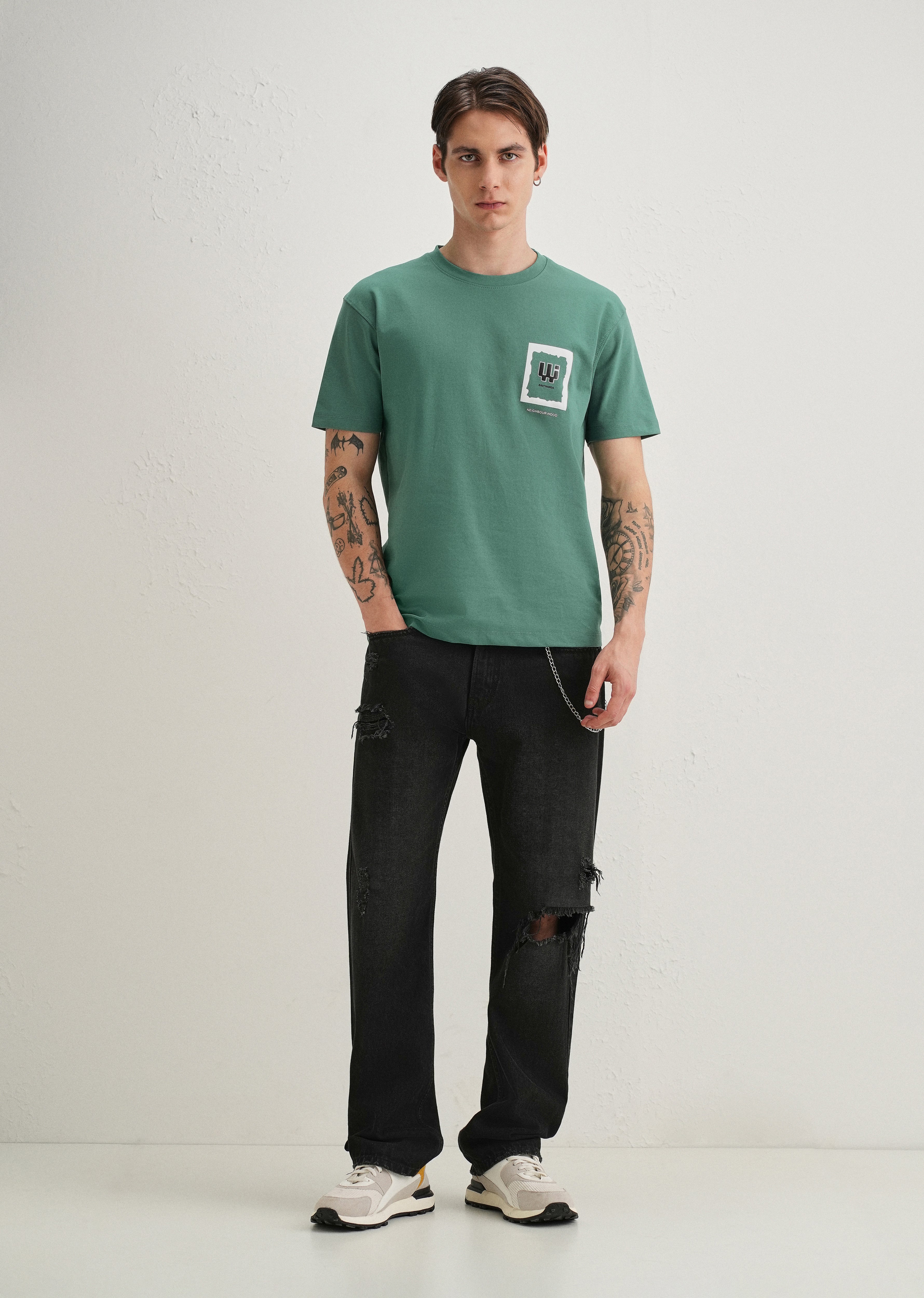 Green Textured Back Print T-Shirt