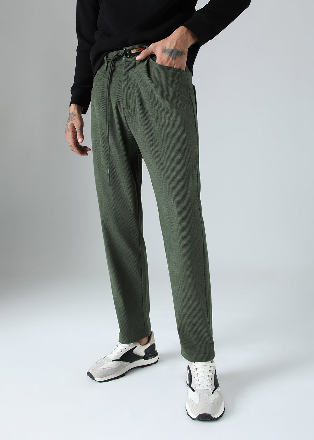 Green Textured Corduroy Drawstring Pant