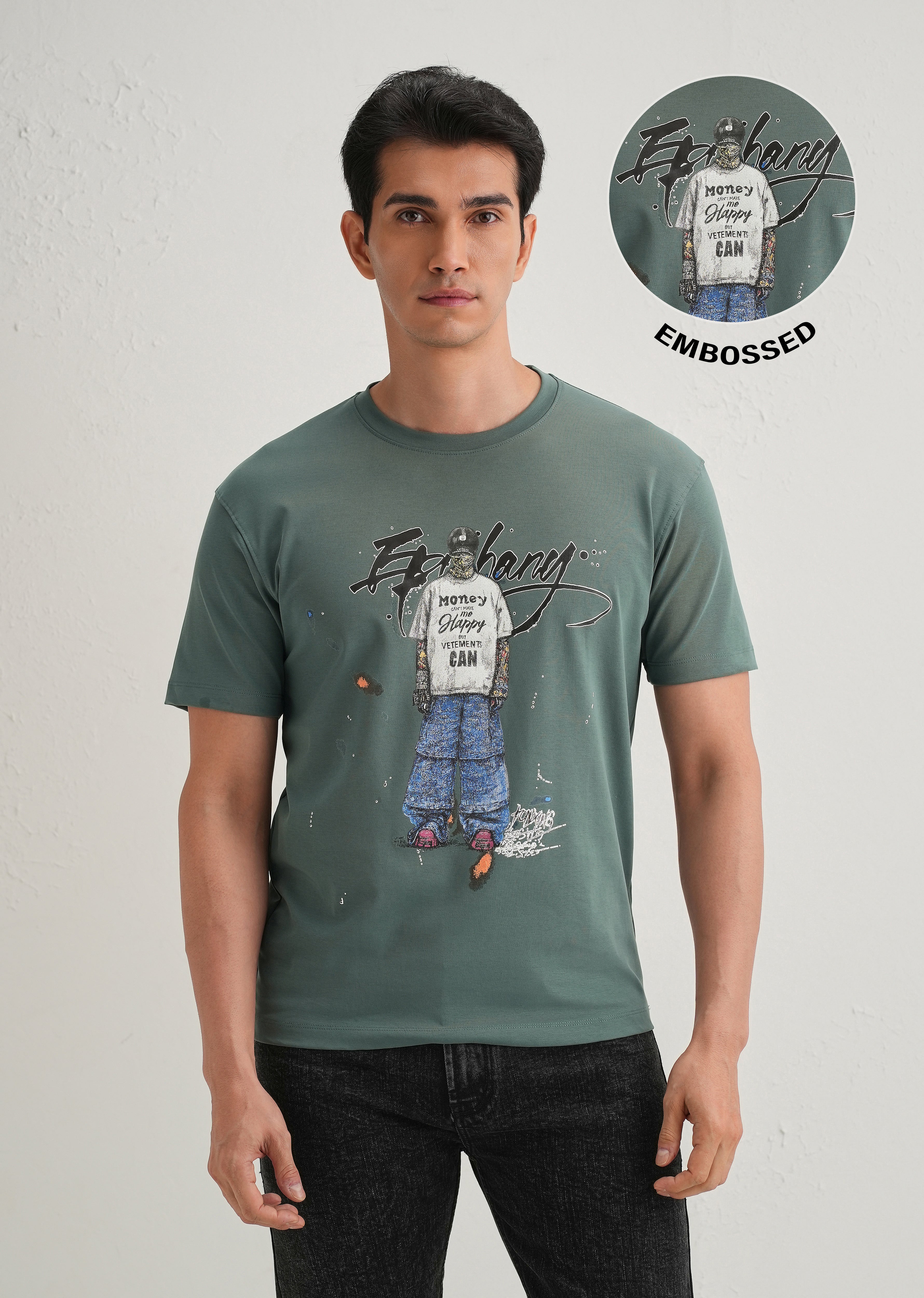 Green Textured Embossed Print T-Shirt