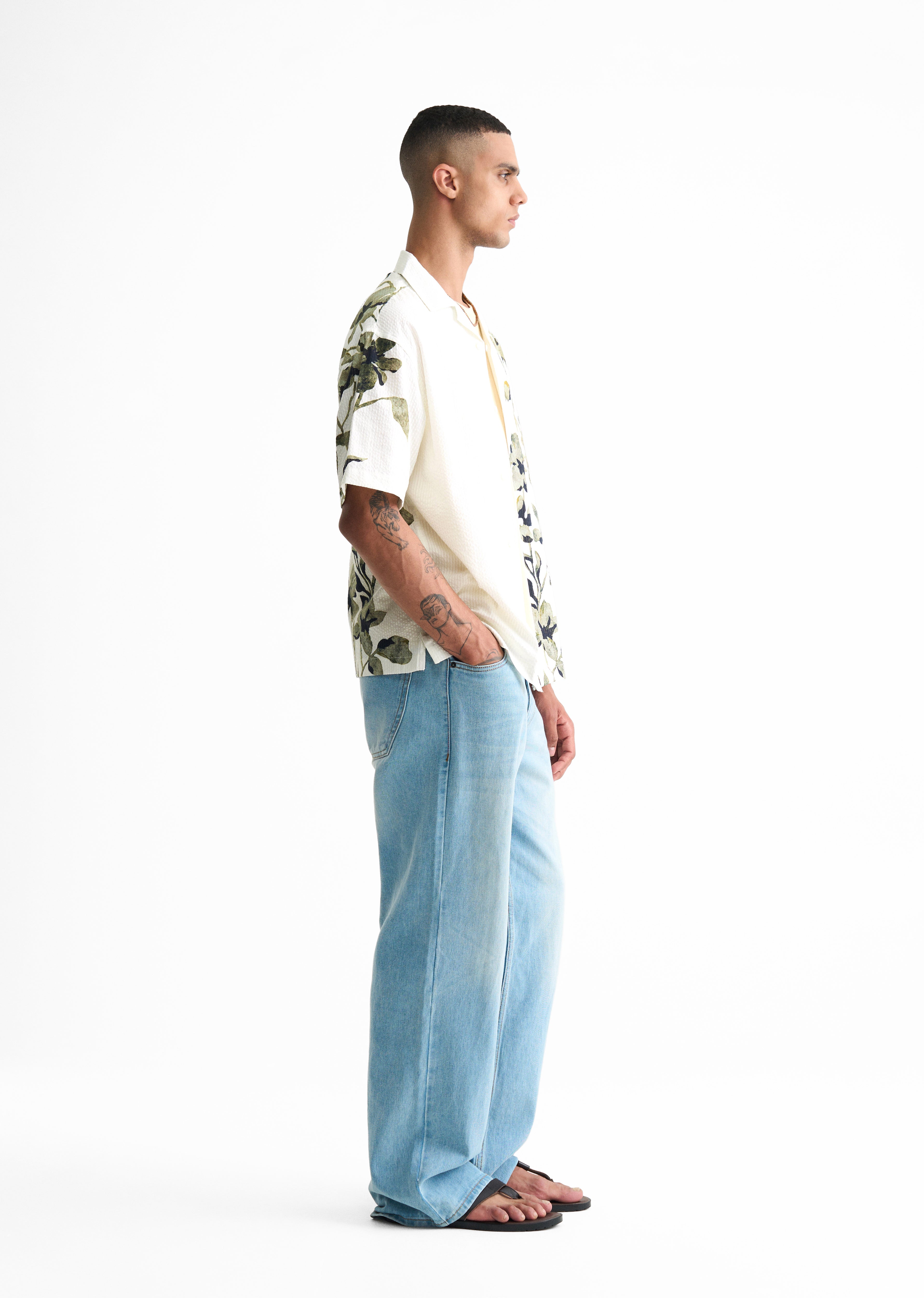 Green Textured Floral Print Boxy Shirt