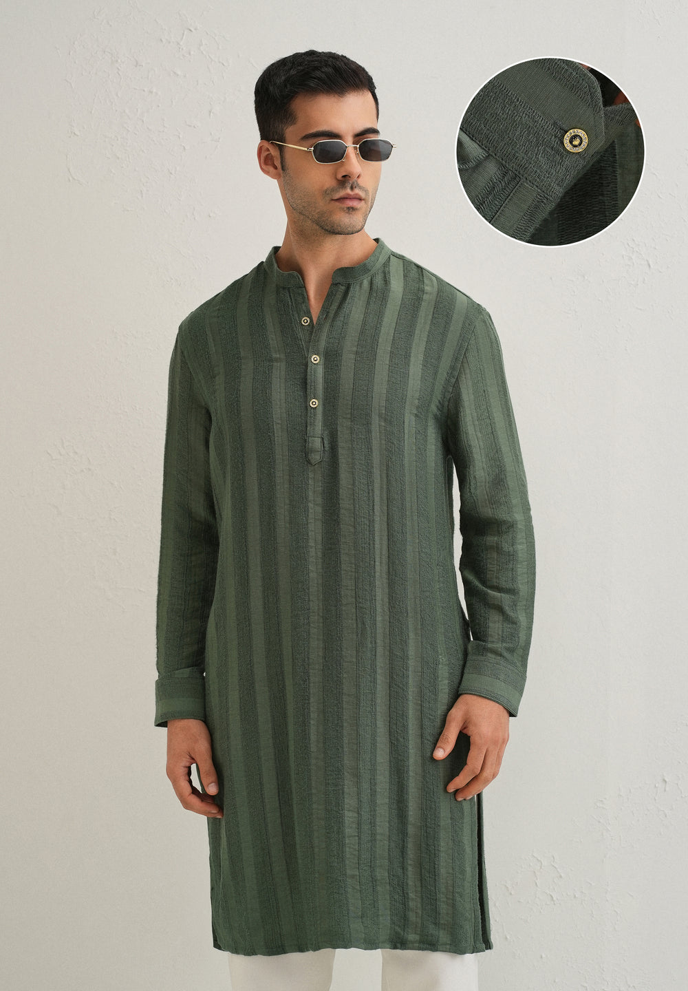 Green Textured Vertical Stripe Kurta