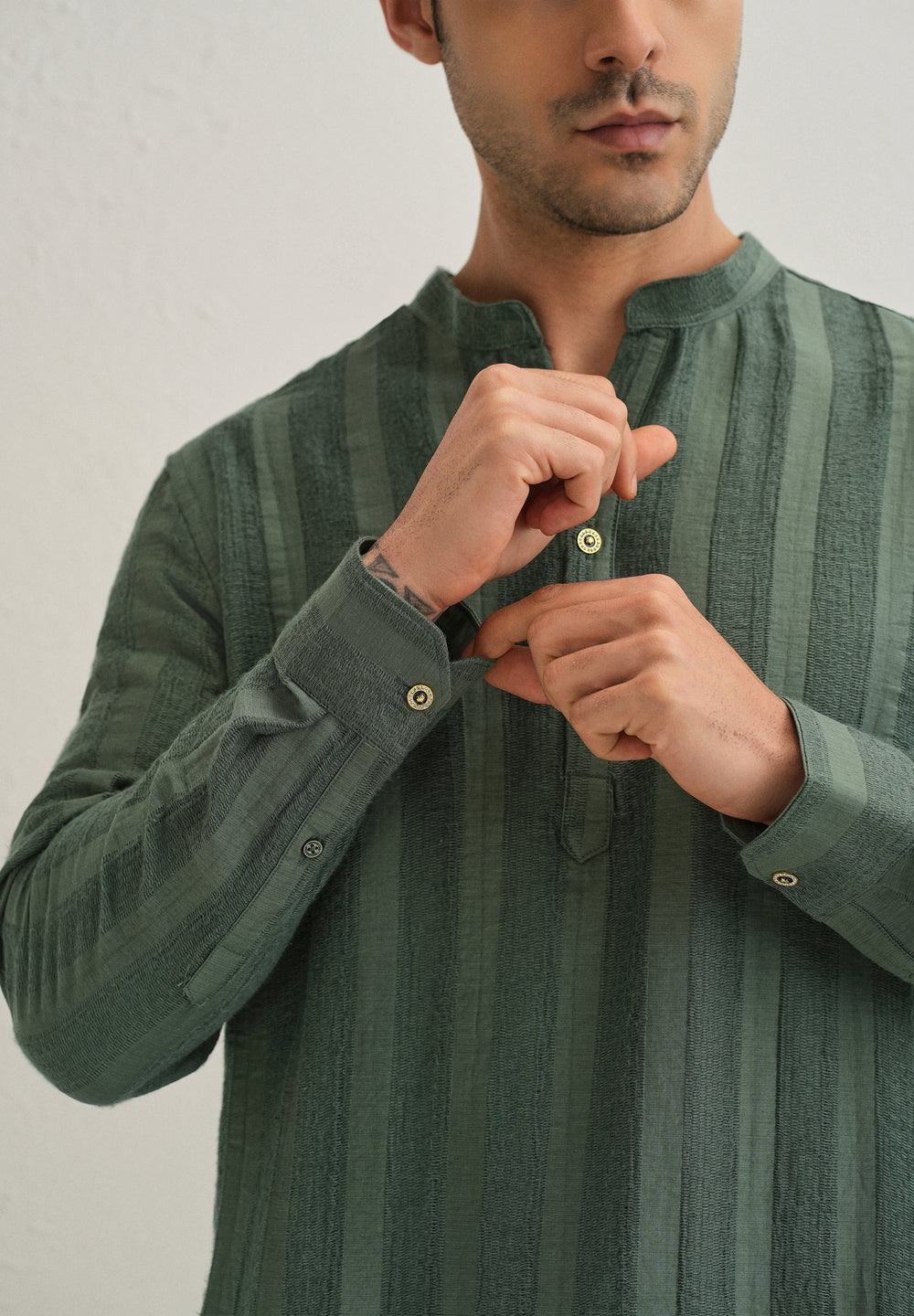 Green Textured Vertical Stripe Kurta